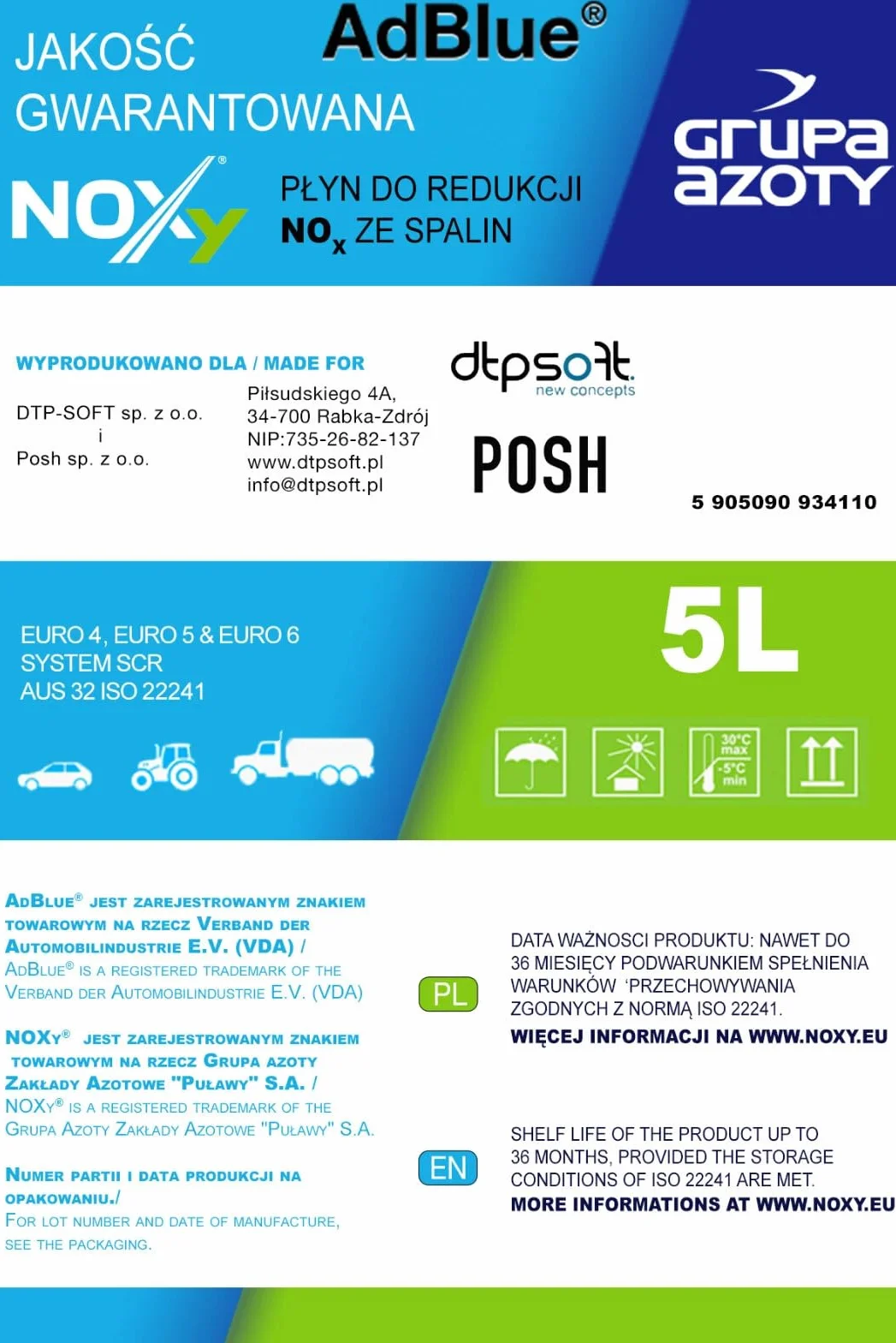 POSH AdBlue 10L (2X 5L) Roztwór mocznika 32,5% dla pojazdów dieslowskich Redukuje emisje Dla systemów SCR ISO 22241 Wyprodukowano w UE