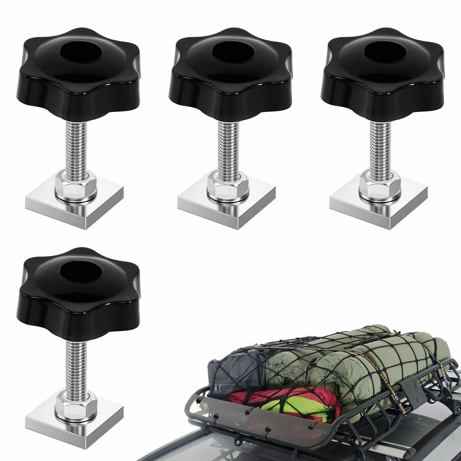 4 adaptery do rowków w kształcie litery T, bagażnik dachowy M6 x 35 mm, z nakrętką uchwytu gwiazdowego i podkładkami, nakrętki ślizgowe do bagażnika rowerowego, relingów, bagażników dachowych