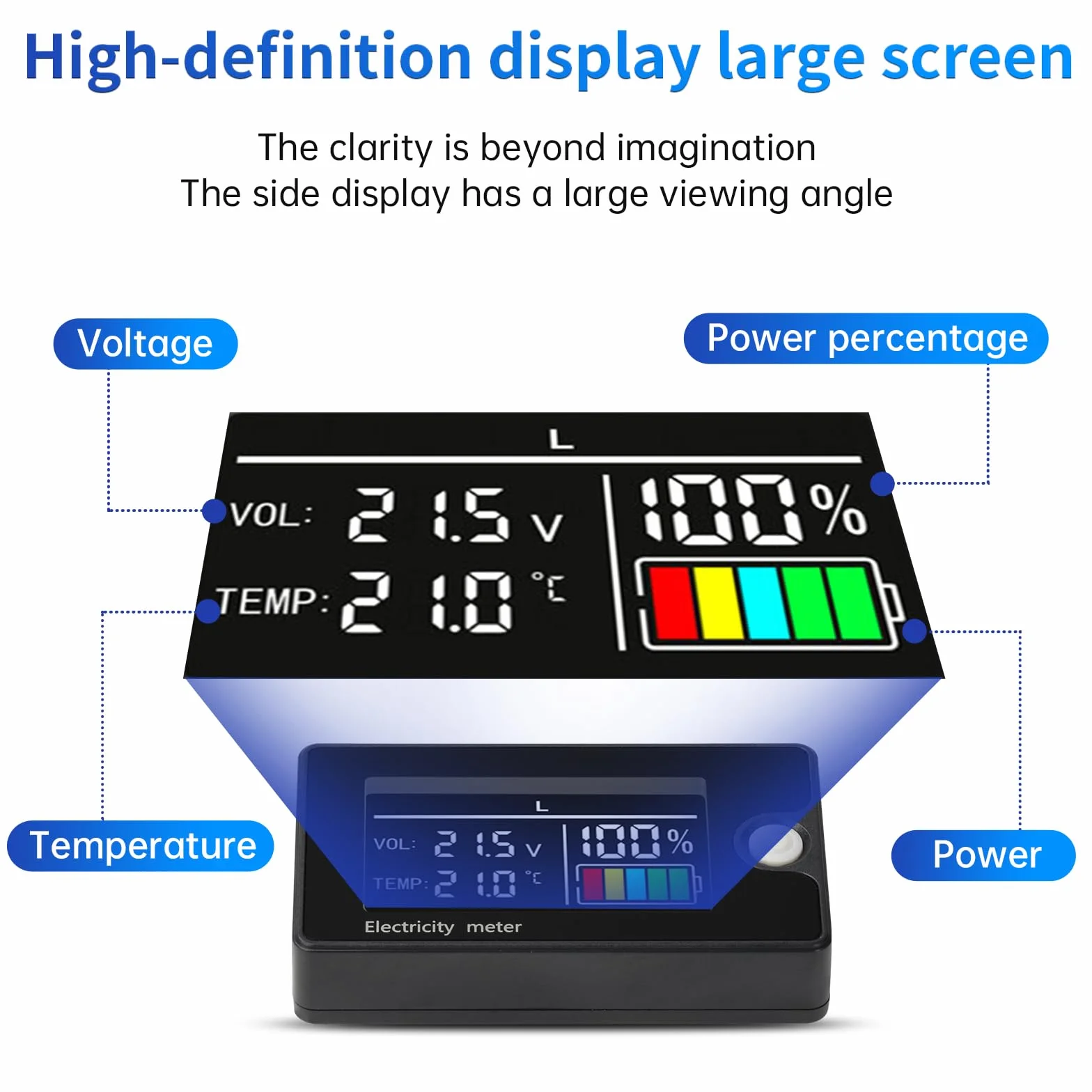 HEEMOL Monitor pojemności akumulatora 12 V, 24 V, 36 V, 48 V, 60 V, 72 V, 84 V, DC8-100 V, wyświetlacz LCD, wodoodporny z czujnikiem temperatury, alarm do samochodów, łodzi, kamperów.