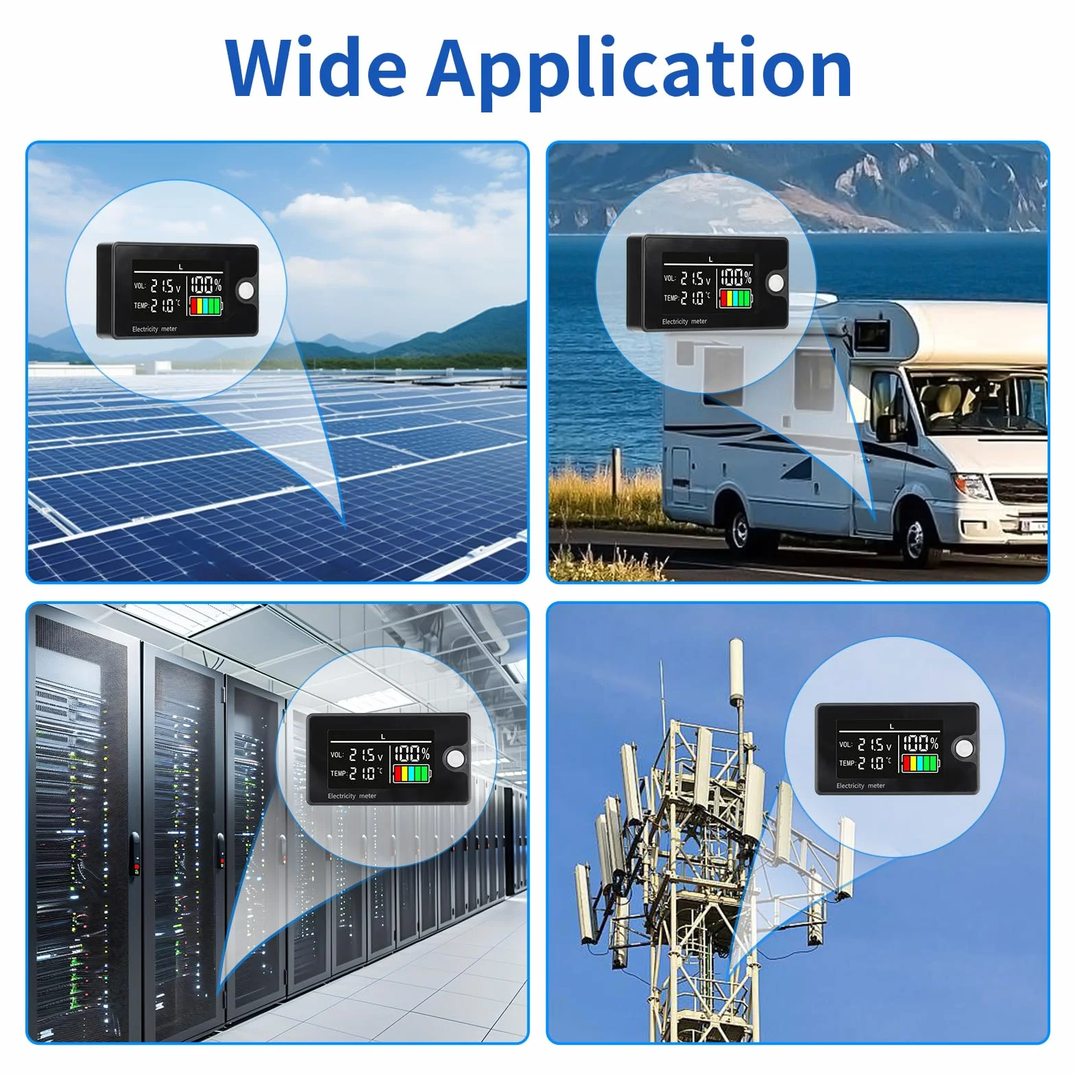 HEEMOL Monitor pojemności akumulatora 12 V, 24 V, 36 V, 48 V, 60 V, 72 V, 84 V, DC8-100 V, wyświetlacz LCD, wodoodporny z czujnikiem temperatury, alarm do samochodów, łodzi, kamperów.