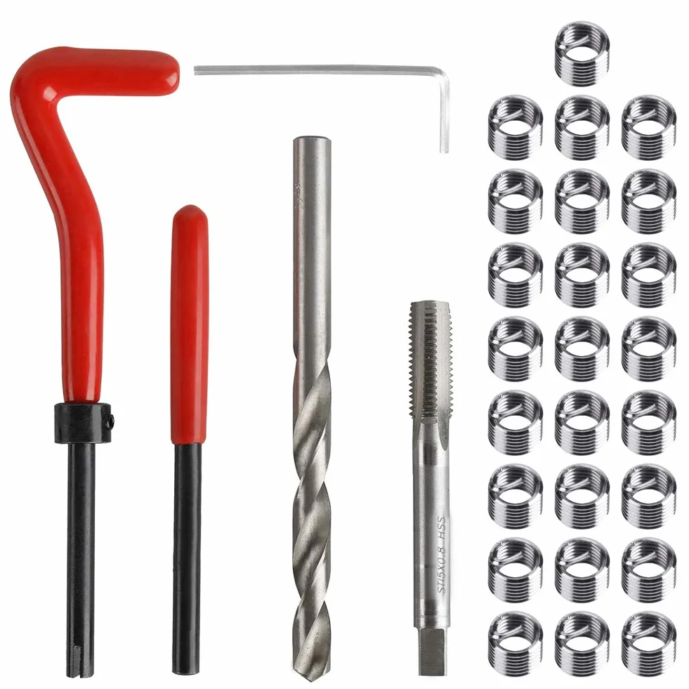 Zestaw do naprawy gwintów M5 x 0,8 mm, zestaw do naprawy gwintów ze stali nierdzewnej, zestaw naprawczy do gwintów do naprawy samochodu, 30 sztuk M5 x 0,8 mm, zestaw narzędzi ręcznych do naprawy samochodu