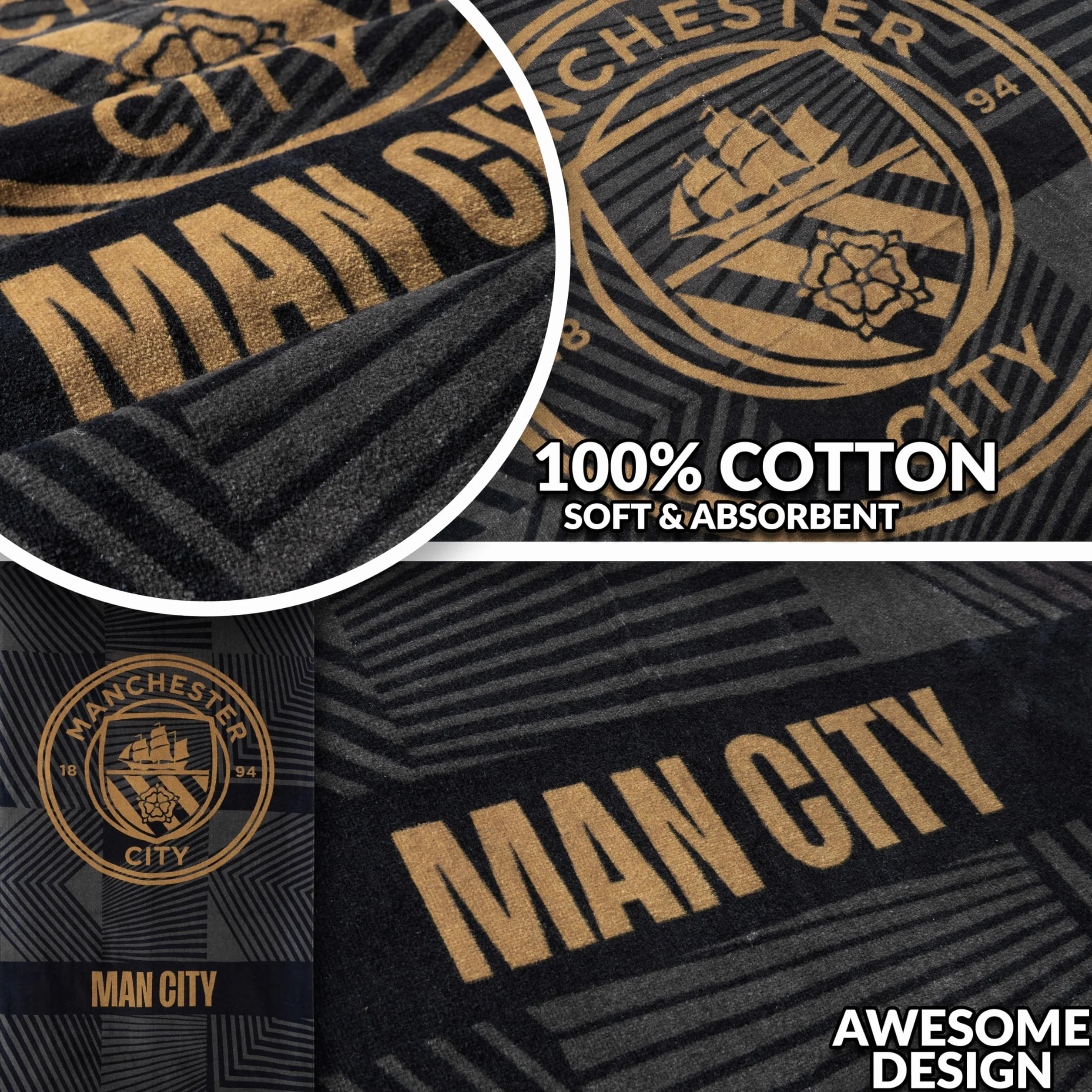 Manchester City FC ręczniki łazienkowe welurowe 140 x 70 ręcznik kąpielowy do piłki nożnej 100% bawełna (czarny)