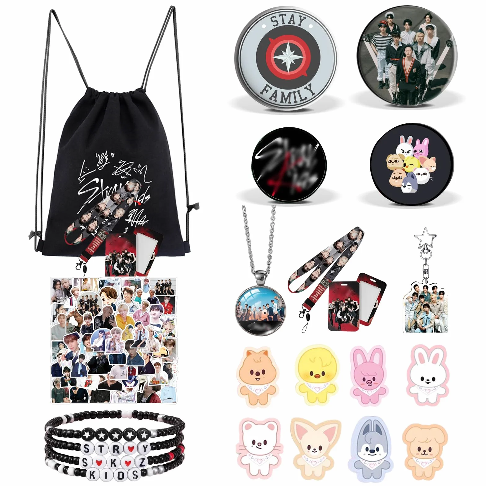 Kpop Szestaw Prezentowy dla Fanów, SKids Zestaw Upominkowy dla Fanów, Kpop Merch, 1 SKids Torba Sportowa STAY, 4 Bransoletki, 10 Broszek, 1 Breloczek do Kluczy, 1 Etui na Dowód Osobisty