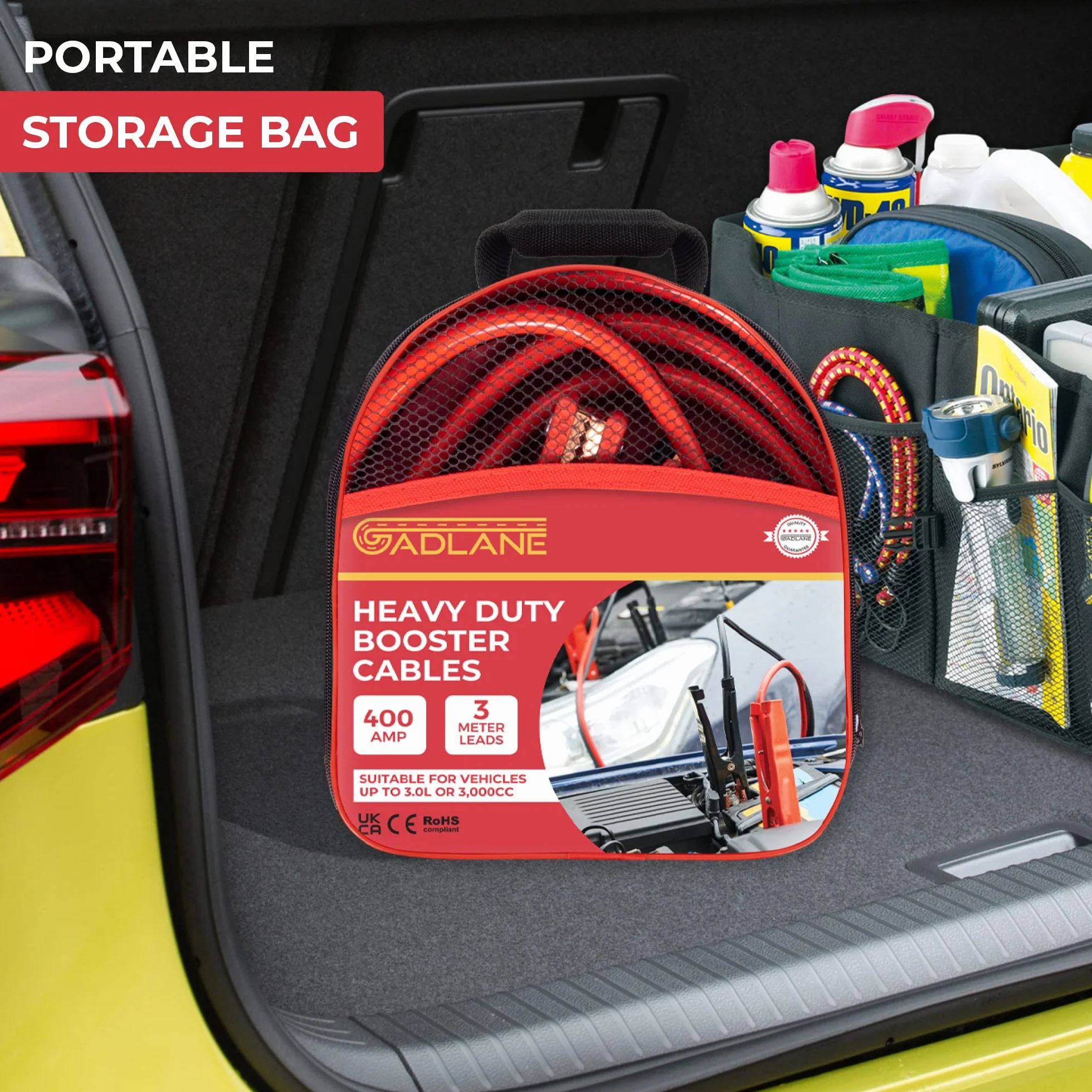 GADLANE Starthilfekabel Auto 300 Ampere 3m Lang Starterkabel Pkw Überbrückungskabel Auto Van, LKW Farbcodierte Klemmen