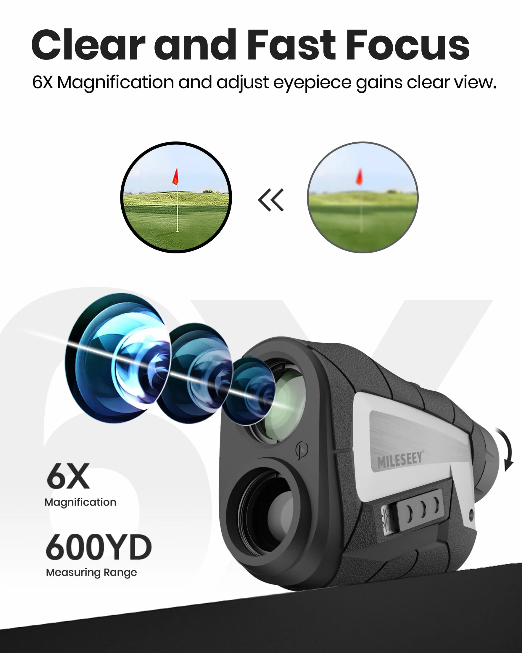 MiLESEEY Dalmierz golfowy z przełącznikiem nachylenia, 600 jardów, dalmierz golfowy, blokada flagi z wibracjami pulsacyjnymi, 6-krotne powiększenie, dalmierz laserowy dla golfistów