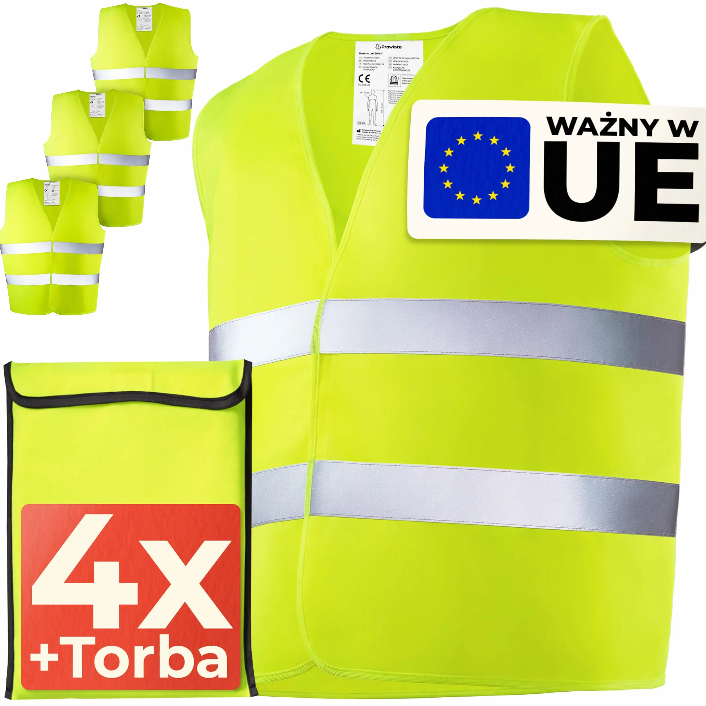 Zestaw 4 Kamizelek Odblaskowych z Torbą – Certyfikowane według EN ISO 20471, Ważne w Całej Europie – Idealne do Samochodu, na Budowę - Uniwersalny Rozmiar - Żółty