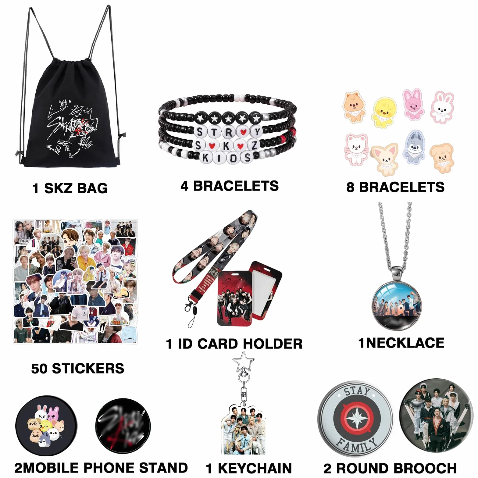 Kpop Szestaw Prezentowy dla Fanów, SKids Zestaw Upominkowy dla Fanów, Kpop Merch, 1 SKids Torba Sportowa STAY, 4 Bransoletki, 10 Broszek, 1 Breloczek do Kluczy, 1 Etui na Dowód Osobisty