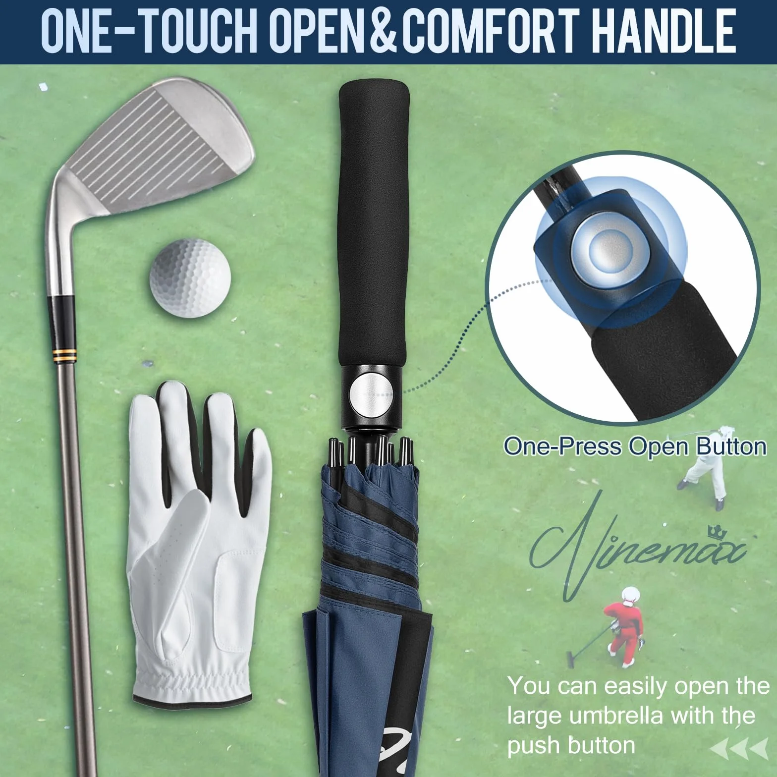 NINEMAX Wiatroodporny Parasol Golfowy 62 inch,Parasol Golfowy Długi Wiatroszczelny,Wodoszczelny,Podwójny Baldachim dla Mężczyzn i Kobiet(Czarny i Ciemnoniebieski)