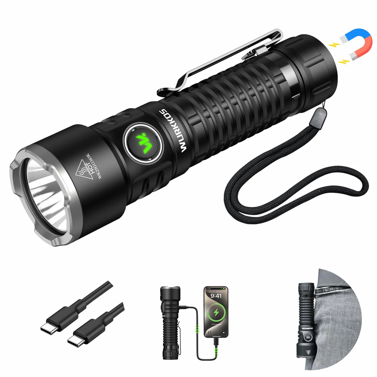 Wurkkos TS28 ładowalna latarka LED 3200 lumenów, 506 m, wiązka magnetyczna, podstawa USB-C, szybkie ładowanie, 5000 mAh, 8 trybów oświetlenia, 2 tryby pracy, wodoodporność IP68, odporna na uderzenia