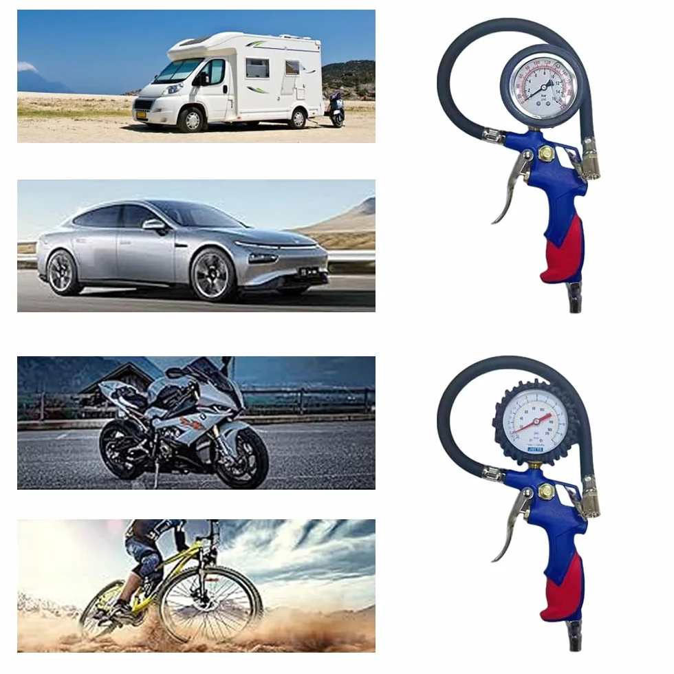 Shkalacar Pompka do opon z manometrem, 0-15 barów/0-220 psi, ciśnieniomierz z wężem, wskaźnik mechaniczny, dysza miedziana, miernik ciśnienia powietrza do samochodów, ciężarówek, motocykli, rowerów