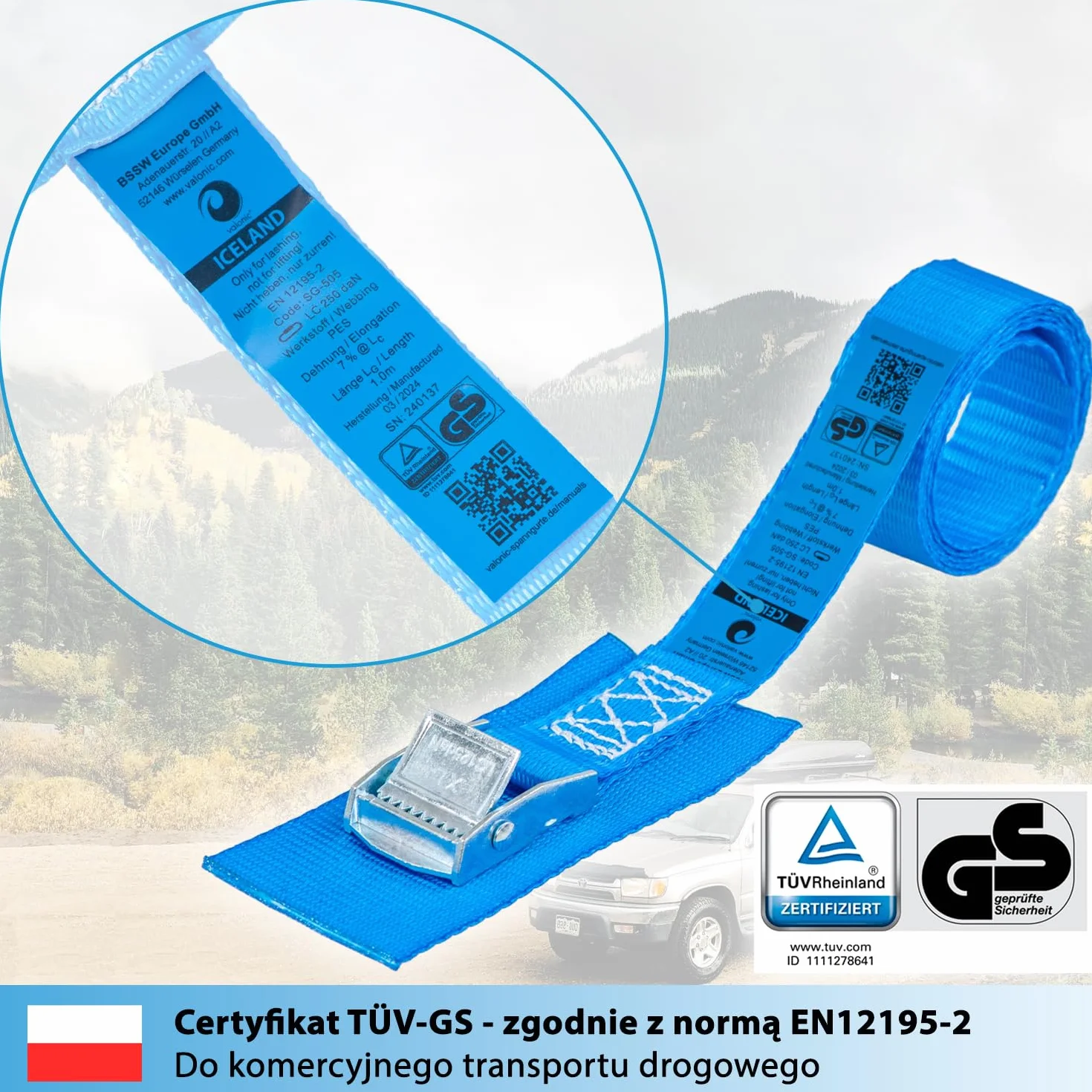 valonic ICELAND - 4x 1m krótkie pasy mocujące z podkładką, 25mm, 250kg, certyfikat TÜV Rheinl. / GS EN-12195-2 - Pas mocujący z zamkiem zaciskowym do bagażnika rowerowego, roweru, kajaka, krótki