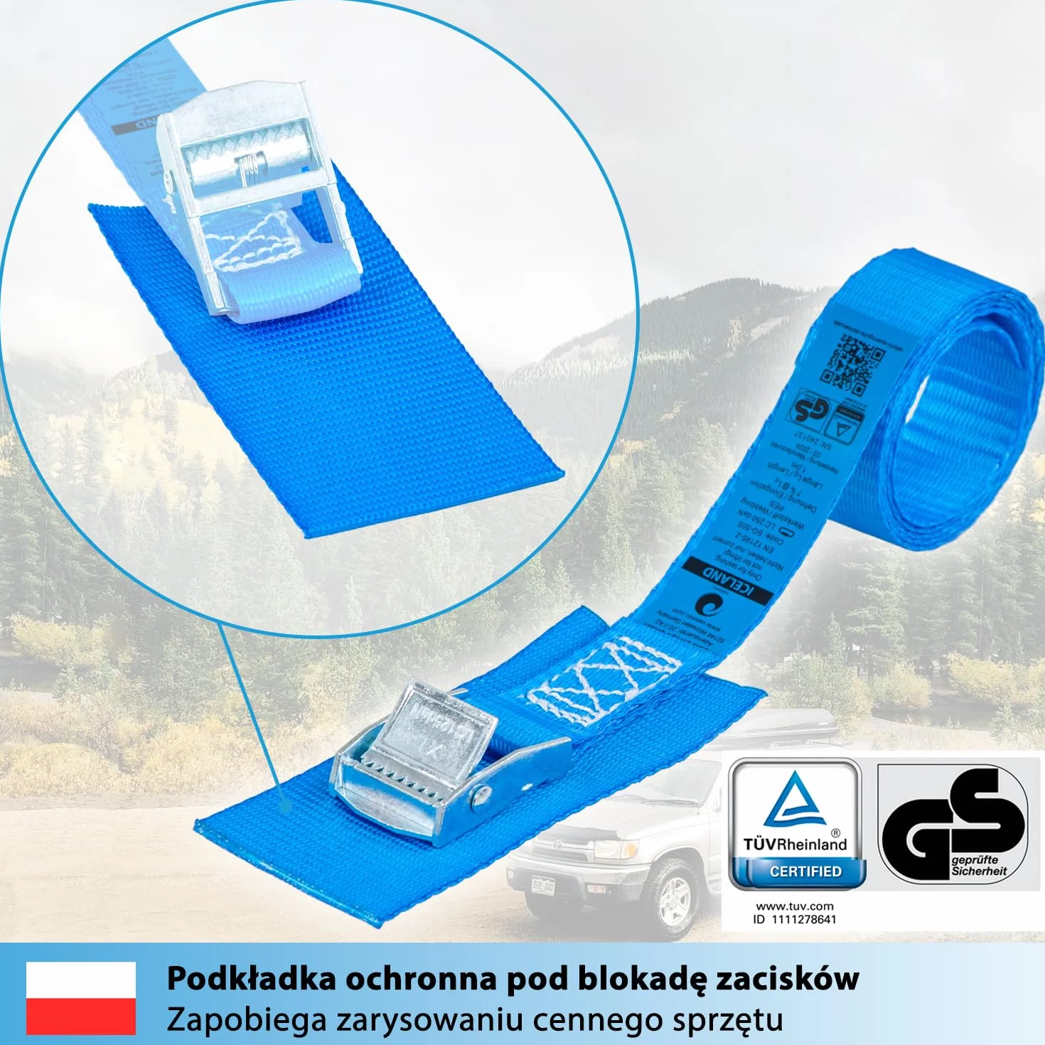 valonic ICELAND - 4x 1m krótkie pasy mocujące z podkładką, 25mm, 250kg, certyfikat TÜV Rheinl. / GS EN-12195-2 - Pas mocujący z zamkiem zaciskowym do bagażnika rowerowego, roweru, kajaka, krótki