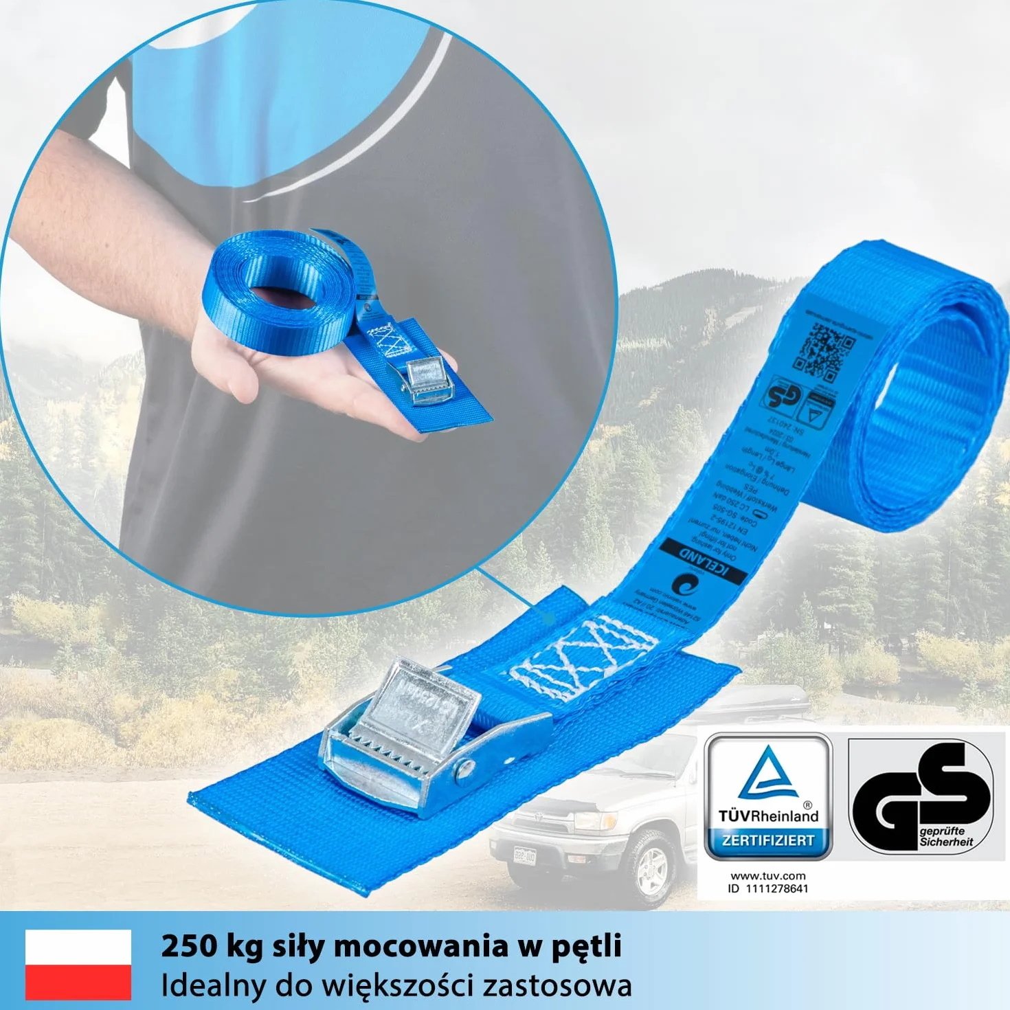 valonic ICELAND - 4x 1m krótkie pasy mocujące z podkładką, 25mm, 250kg, certyfikat TÜV Rheinl. / GS EN-12195-2 - Pas mocujący z zamkiem zaciskowym do bagażnika rowerowego, roweru, kajaka, krótki