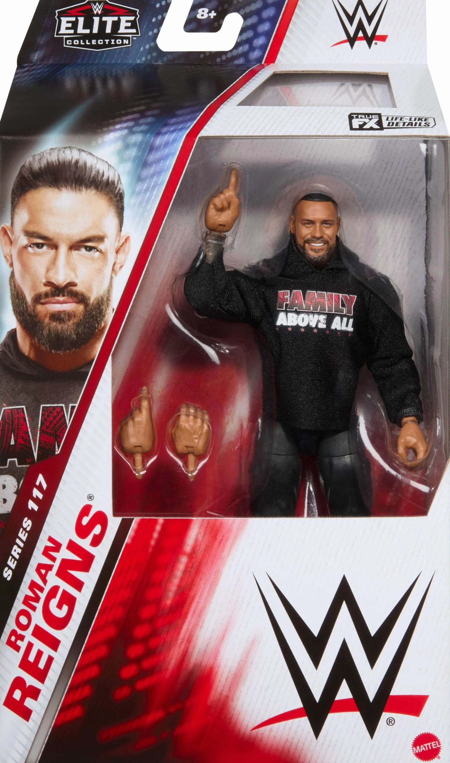 Mattel WWE Elite figurka i akcesoria, seria #117 15 cm kolekcjonerska Roman Reigns z 25 punktami artykulacji i wymiennymi rękami