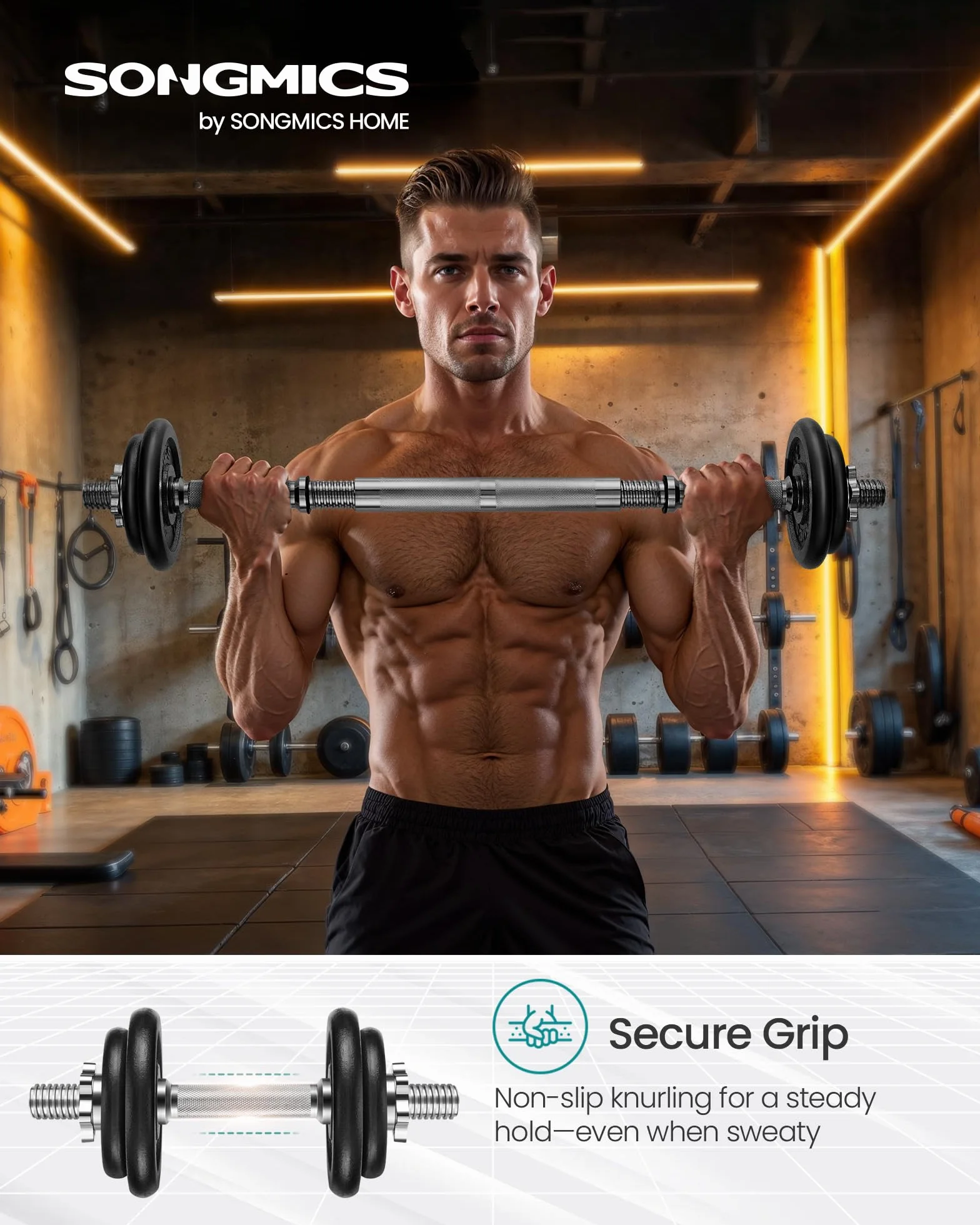 SONGMICS Zestaw hantli 2 w 1, zestaw 2 sztuk, żeliwo, regulowane, krótkie hantle z rurą łączącą, do treningu, podnoszenia ciężarów, do domu, studia fitness