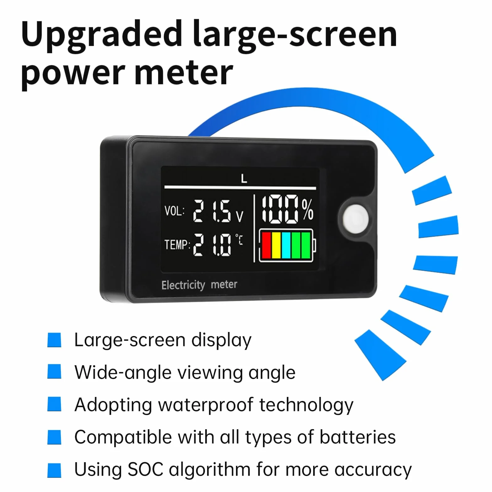 HEEMOL Monitor pojemności akumulatora 12 V, 24 V, 36 V, 48 V, 60 V, 72 V, 84 V, DC8-100 V, wyświetlacz LCD, wodoodporny z czujnikiem temperatury, alarm do samochodów, łodzi, kamperów.