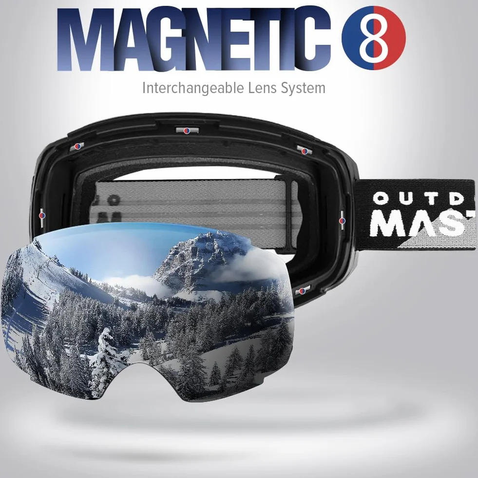 OutdoorMaster Gogle narciarskie PRO - bezramkowe, wymienne soczewki 100% ochrona UV400 Ski Snowboardowe gogle dla mężczyzn, kobiet i młodzieży