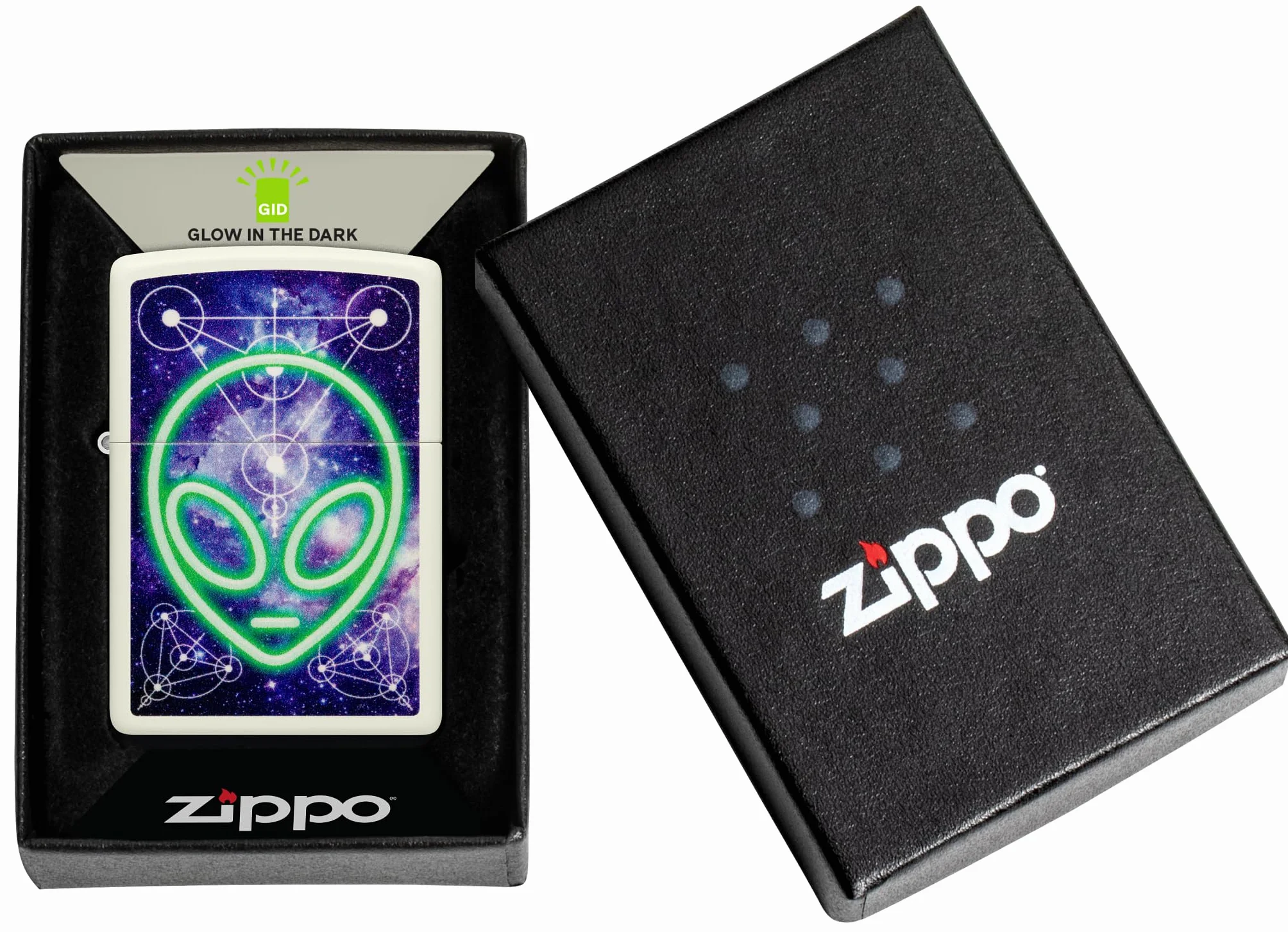 Zippo Alien Zapalniczka Sztormowa, Kolorowy Nadruk, do Napełniania, Wielokrotnego Użytku, Wiatroodporna Konstrukcja, Pudełko na Prezent, Wykonano w USA, Kolor Świecący w Ciemności (Glow-In-The-Dark)