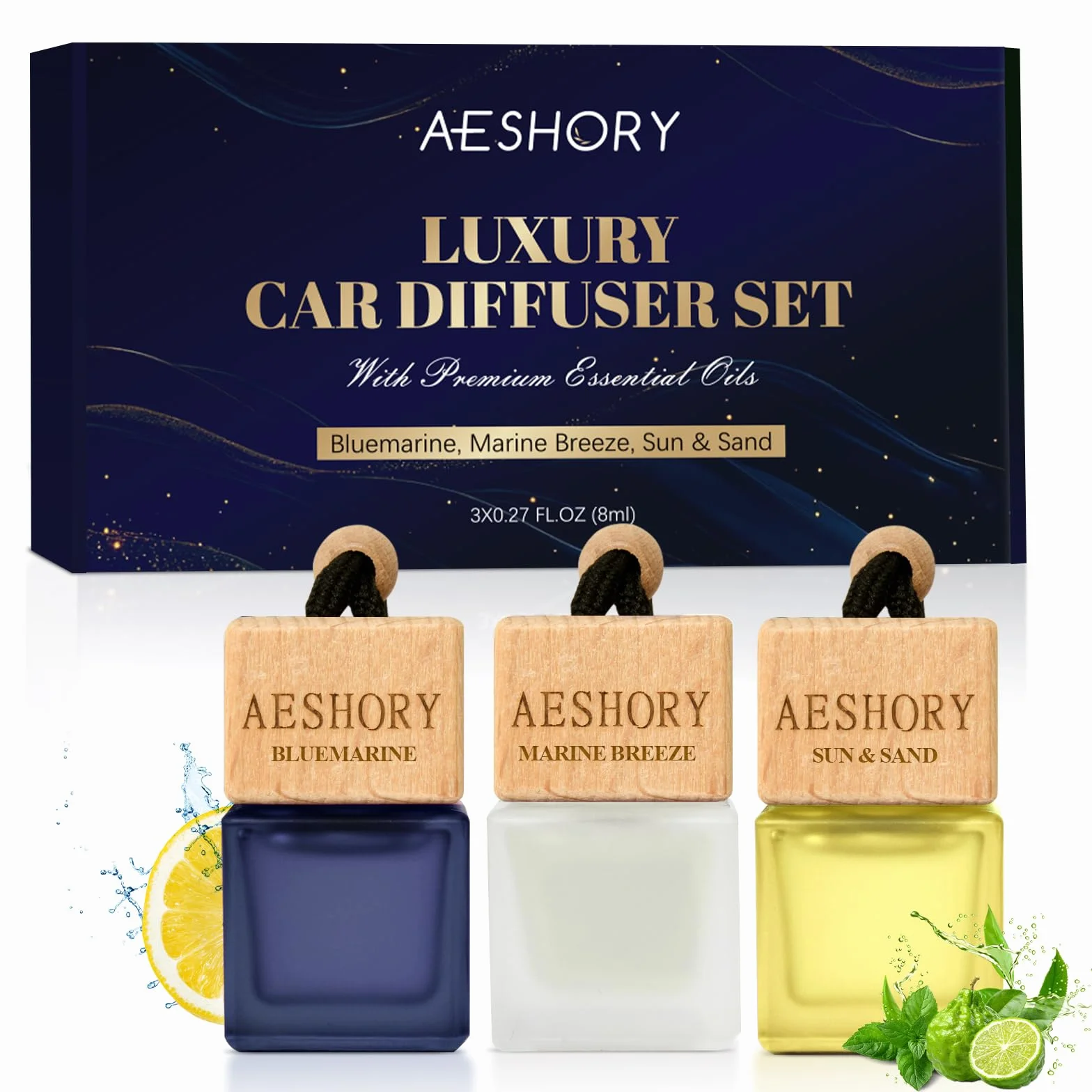 AESHORY Odświeżacz powietrza do samochodu ocean 3 x 8 ml, naturalne olejki eteryczne zawieszka do samochodu, odświeżacze powietrza z pochłaniającym zapachy, prezent dla mężczyzn i kobiet - ocean