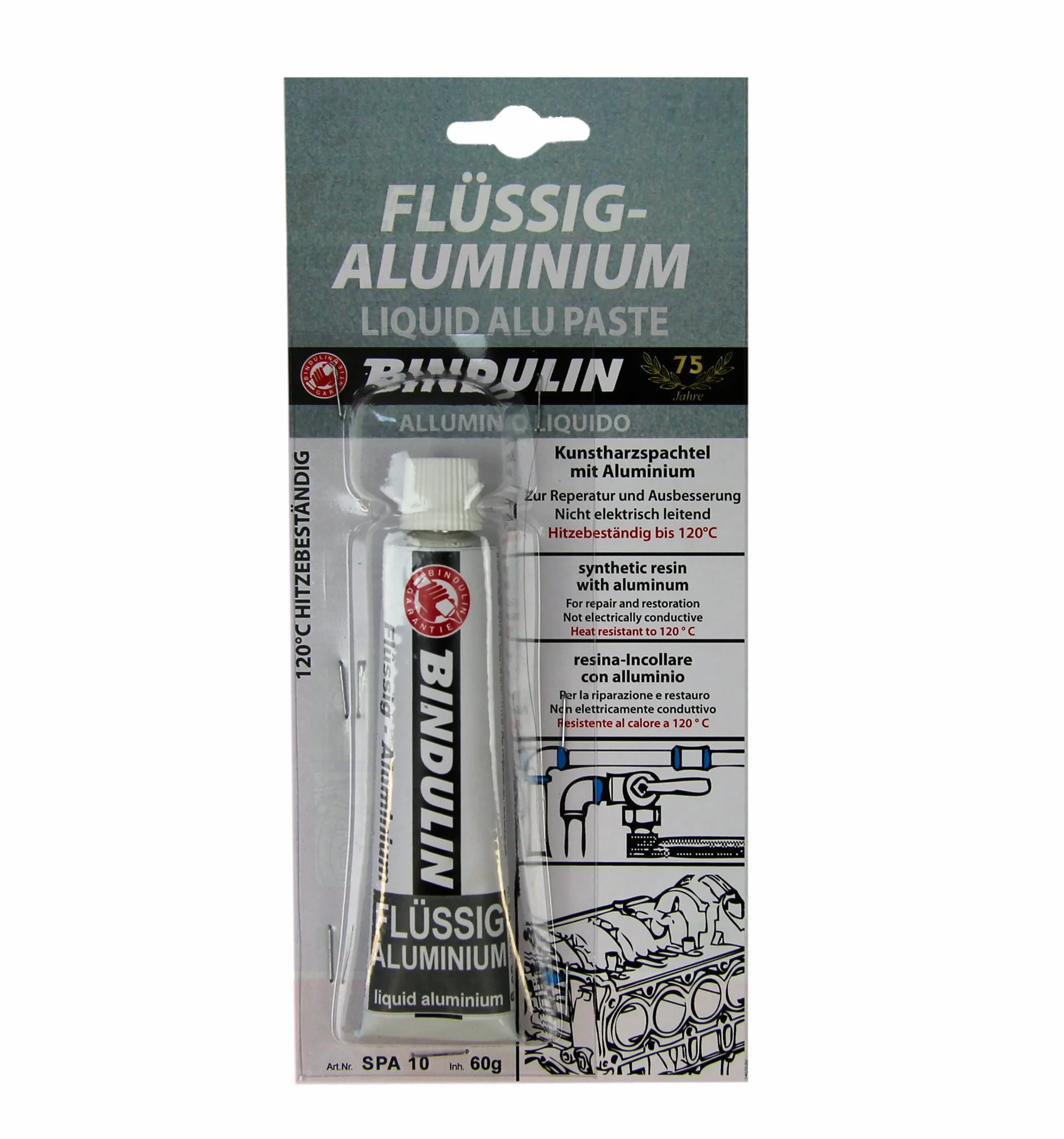 Bindulin Płynne aluminium 60 g – gotowa do użycia masa naprawcza ściany z żywicy syntetycznej – nadaje się do samochodów, samochodów, sportów wodnych, morskich, felg, polowań, modelarstwa – produkt