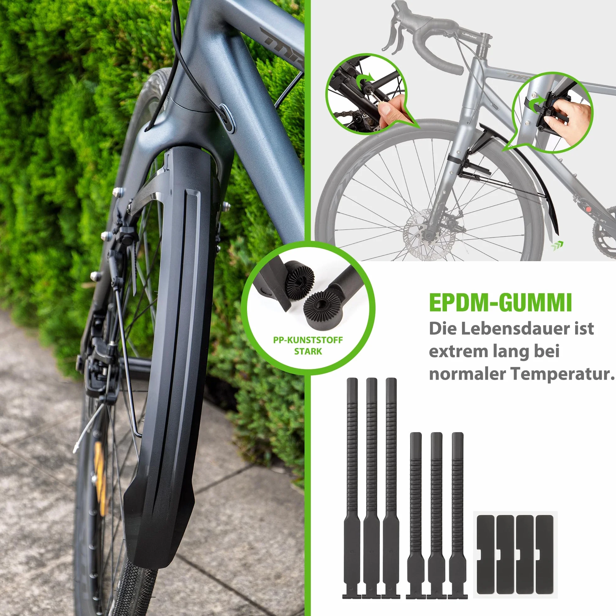 GEWAGE Zestaw błotników rowerowych, rower wyścigowy i rower Gravelbike, 700C/28 cali – montaż bez użycia narzędzi, podwójny spojler, przedłużana ochrona przed pryskaniem