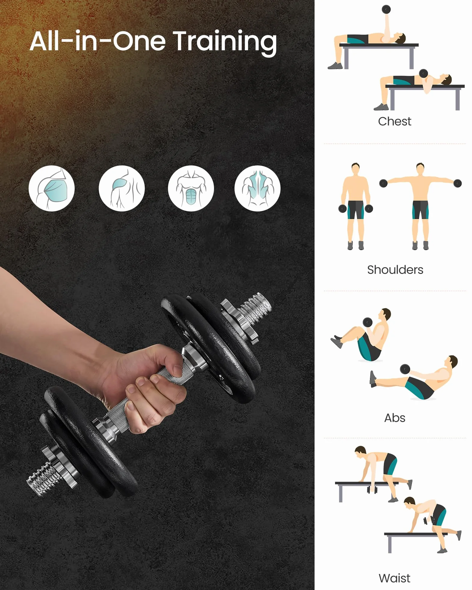 SONGMICS Zestaw hantli 2 w 1, zestaw 2 sztuk, żeliwo, regulowane, krótkie hantle z rurą łączącą, do treningu, podnoszenia ciężarów, do domu, studia fitness