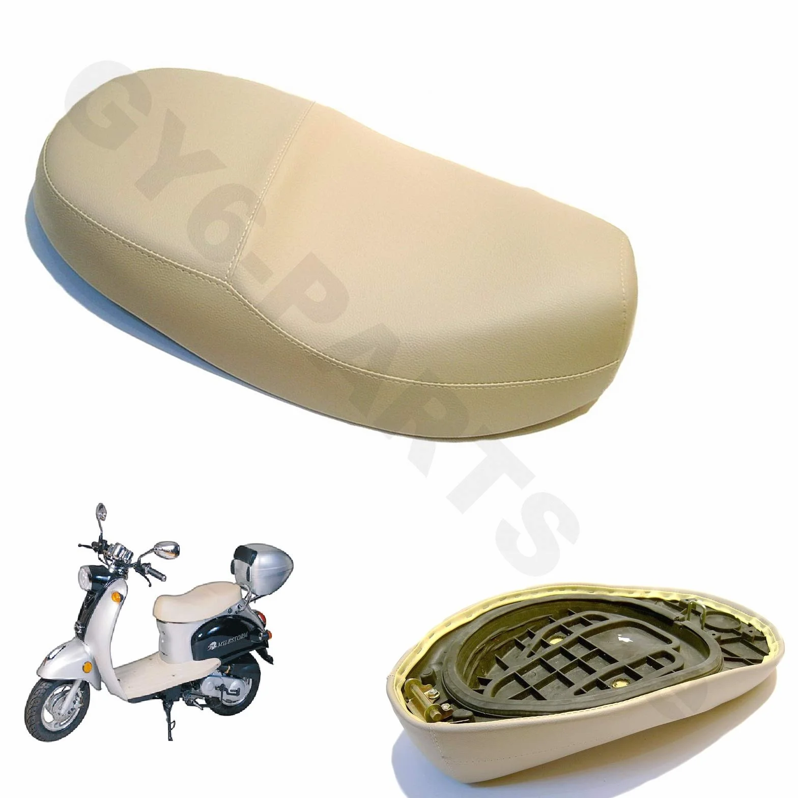 Ławka/siodełko do 2- i 4-suwowych chińskich skuterów 50 x 2-osobowych * w kolorze beżowym * np. pasuje do wielu modeli skuterów retro BAOTIAN BT49QT-11 MOTOWORX JONWAY BENZHOU YIYING YY50QT-15