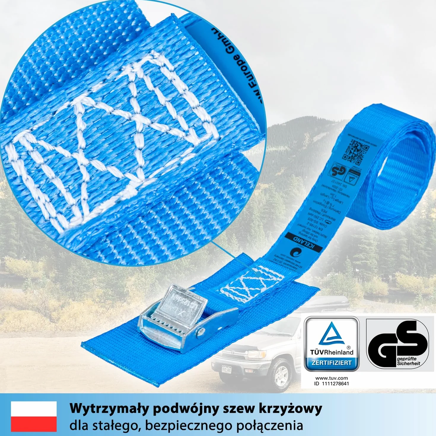 valonic ICELAND - 4x 1m krótkie pasy mocujące z podkładką, 25mm, 250kg, certyfikat TÜV Rheinl. / GS EN-12195-2 - Pas mocujący z zamkiem zaciskowym do bagażnika rowerowego, roweru, kajaka, krótki