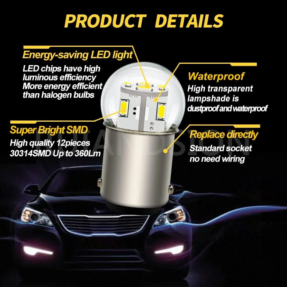 Ruiandsion 2 żarówki LED BA15D 6V 1130 1142 1176 białe 3014 12SMD Zamienne żarówki LED do tylnych świateł samochodowych, przyczep, łodzi morskich, kamperów, łodzi.