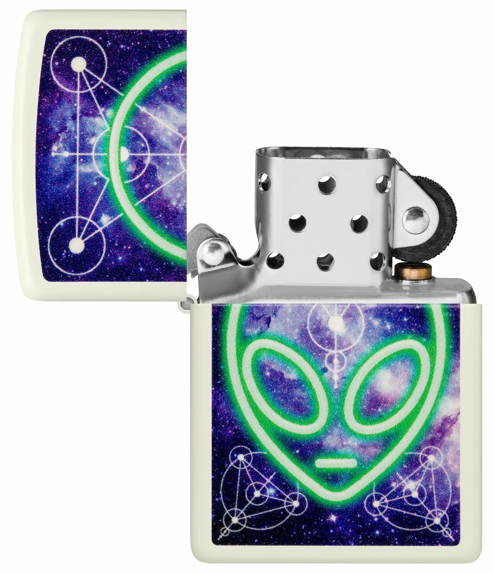 Zippo Alien Zapalniczka Sztormowa, Kolorowy Nadruk, do Napełniania, Wielokrotnego Użytku, Wiatroodporna Konstrukcja, Pudełko na Prezent, Wykonano w USA, Kolor Świecący w Ciemności (Glow-In-The-Dark)