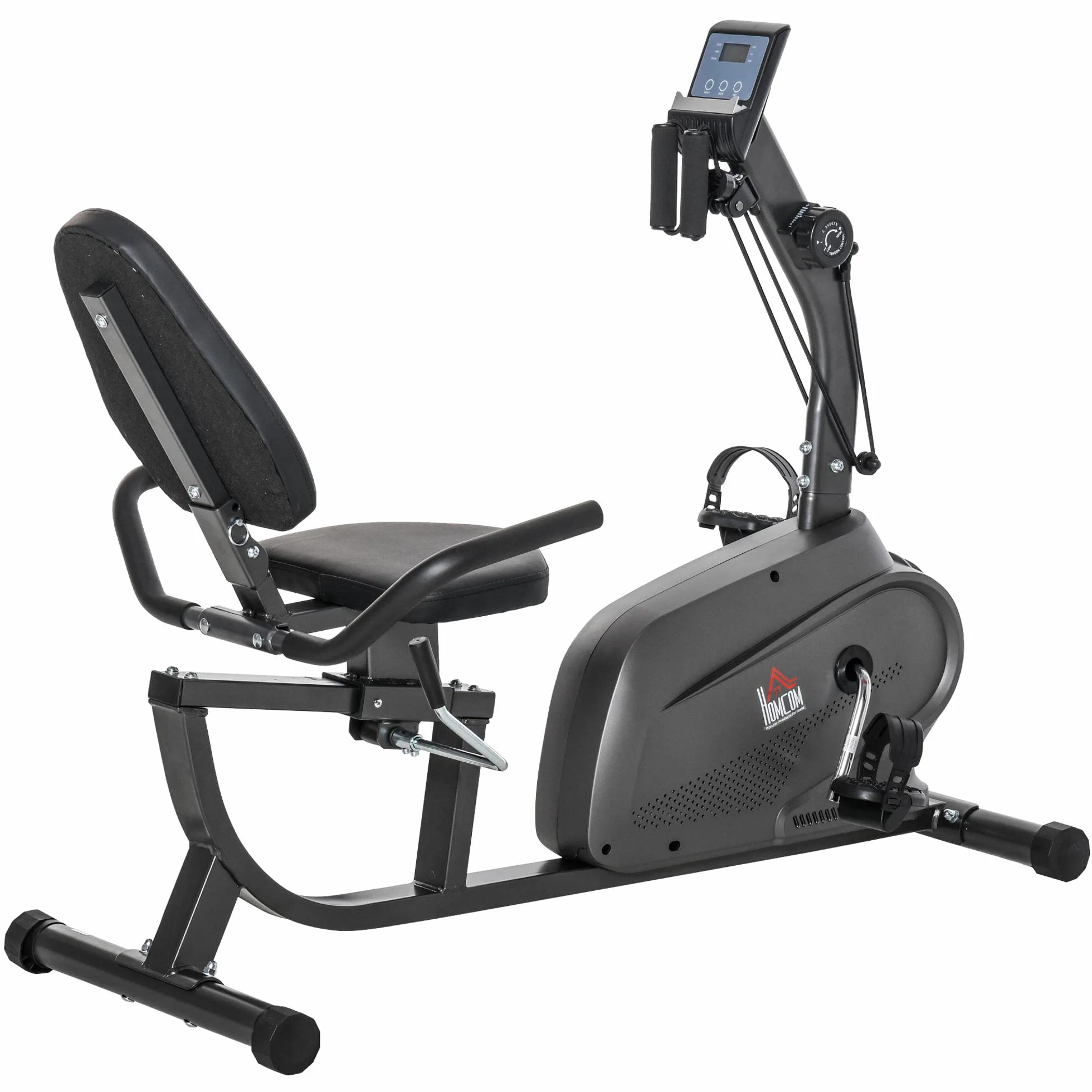 HOMCOM Rower treningowy rower półwydłużony magnetyczny wyświetlacz LCD wielofunkcyjne regulowane siodełko 2 paski opór stal czarna
