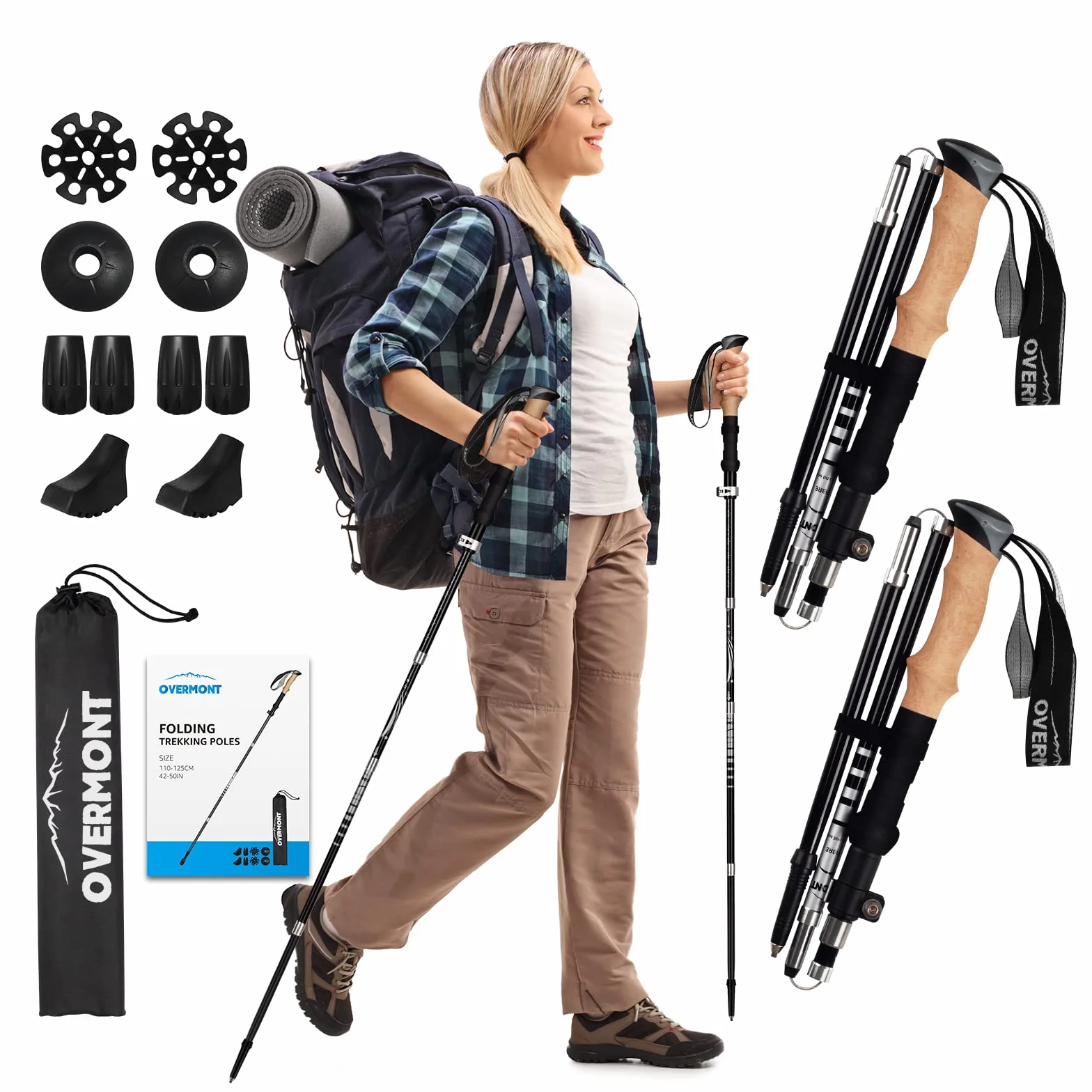 Overmont Kijki trekkingowe z włókna węglowego, 7075 aluminium, ultralekkie, składane, regulowane, 105-125 cm, kijki trekkingowe do nordic walkingu, 1 para z akcesoriami terenowymi