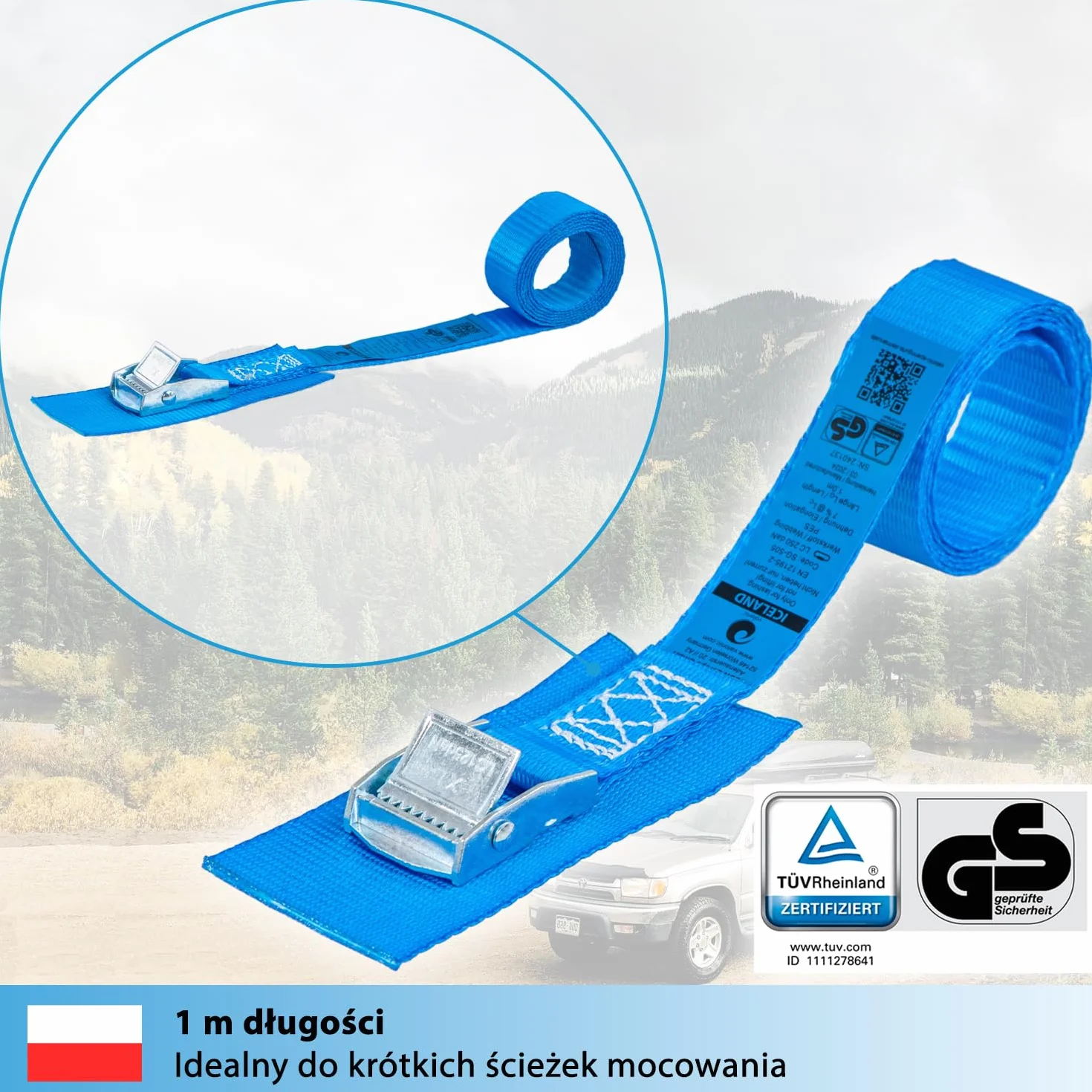 valonic ICELAND - 4x 1m krótkie pasy mocujące z podkładką, 25mm, 250kg, certyfikat TÜV Rheinl. / GS EN-12195-2 - Pas mocujący z zamkiem zaciskowym do bagażnika rowerowego, roweru, kajaka, krótki