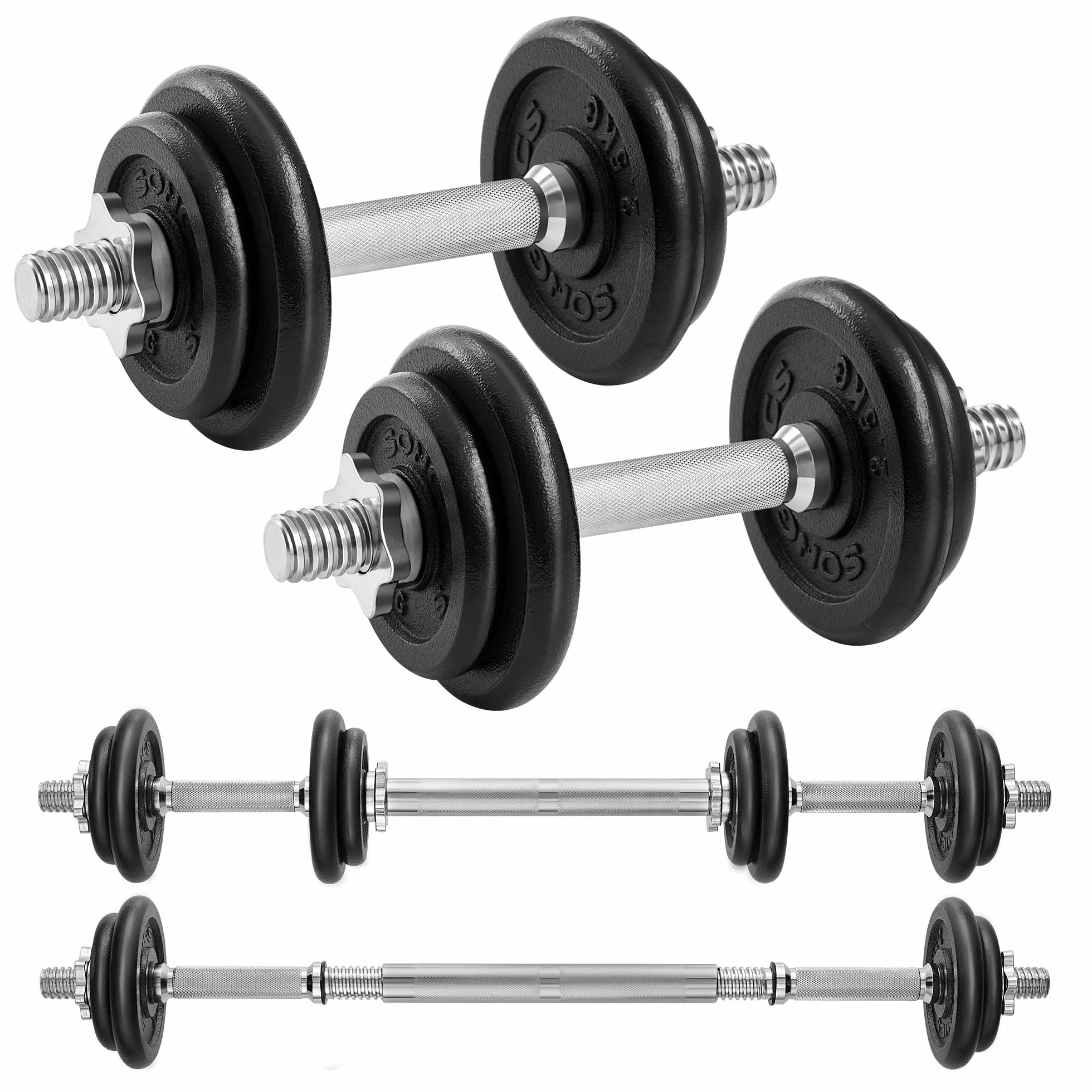 SONGMICS Zestaw hantli 2 w 1, zestaw 2 sztuk, żeliwo, regulowane, krótkie hantle z rurą łączącą, do treningu, podnoszenia ciężarów, do domu, studia fitness