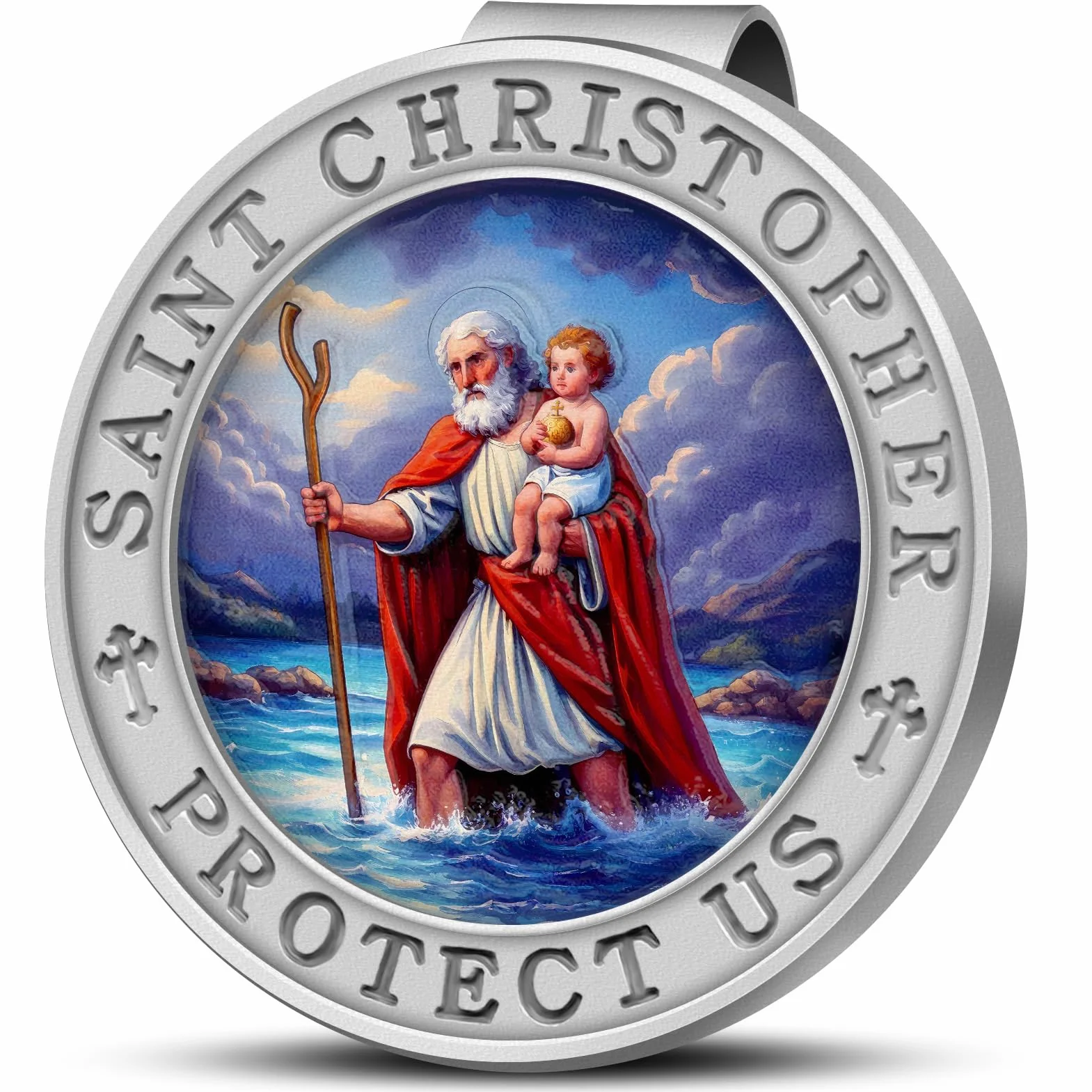 Medal Świętego Krzysztofa Samochodowy Kolorowy Wytłoczony 3D Klip Wizjer Święty Krzysztof, religijny prezent dla rodziców, rodziny, przyjaciół, kierowców (1)
