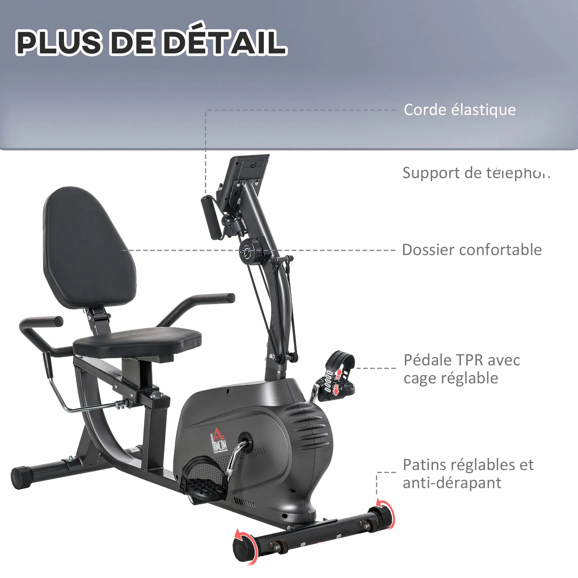 HOMCOM Rower treningowy rower półwydłużony magnetyczny wyświetlacz LCD wielofunkcyjne regulowane siodełko 2 paski opór stal czarna