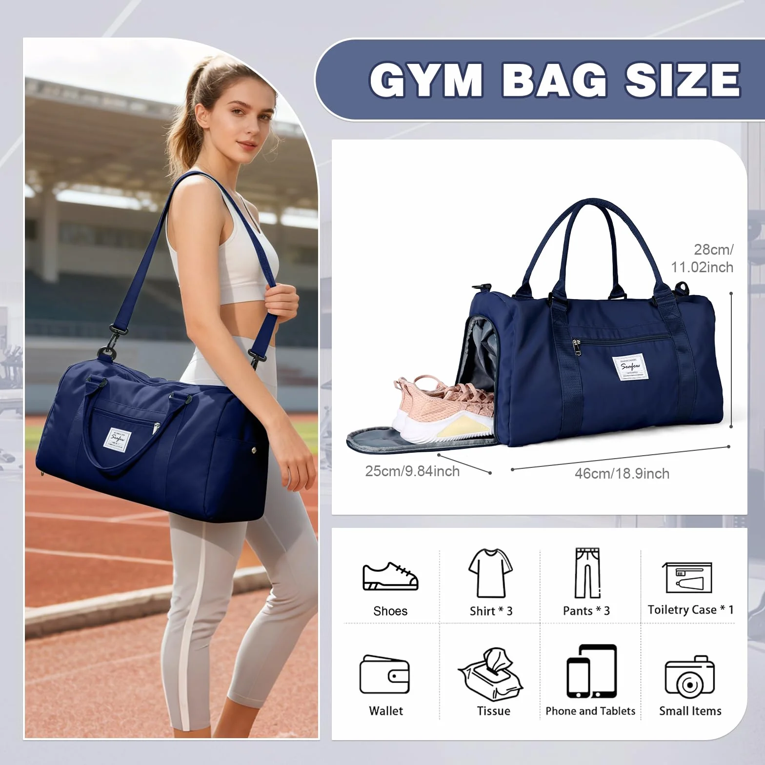 Torba Sportowa Damska Męska Torba Podróżna z Kieszenią na Buty Torba na Siłownię Torba Treningowa Fitness do Pływania Wodoodporna Torba Weekendowa Kobiet na Noc Basen,A4-Królewski Niebieski