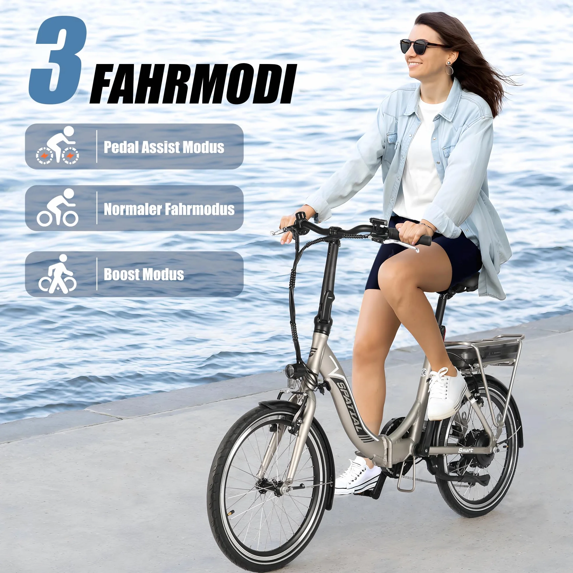 SPATIAL E Bike, składany rower elektryczny, 20 cali, 40 NM, 250 W, 36 V, 374,4 Wh, 7-biegowa przerzutka, wyświetlacz LCD, dla mężczyzn i kobiet