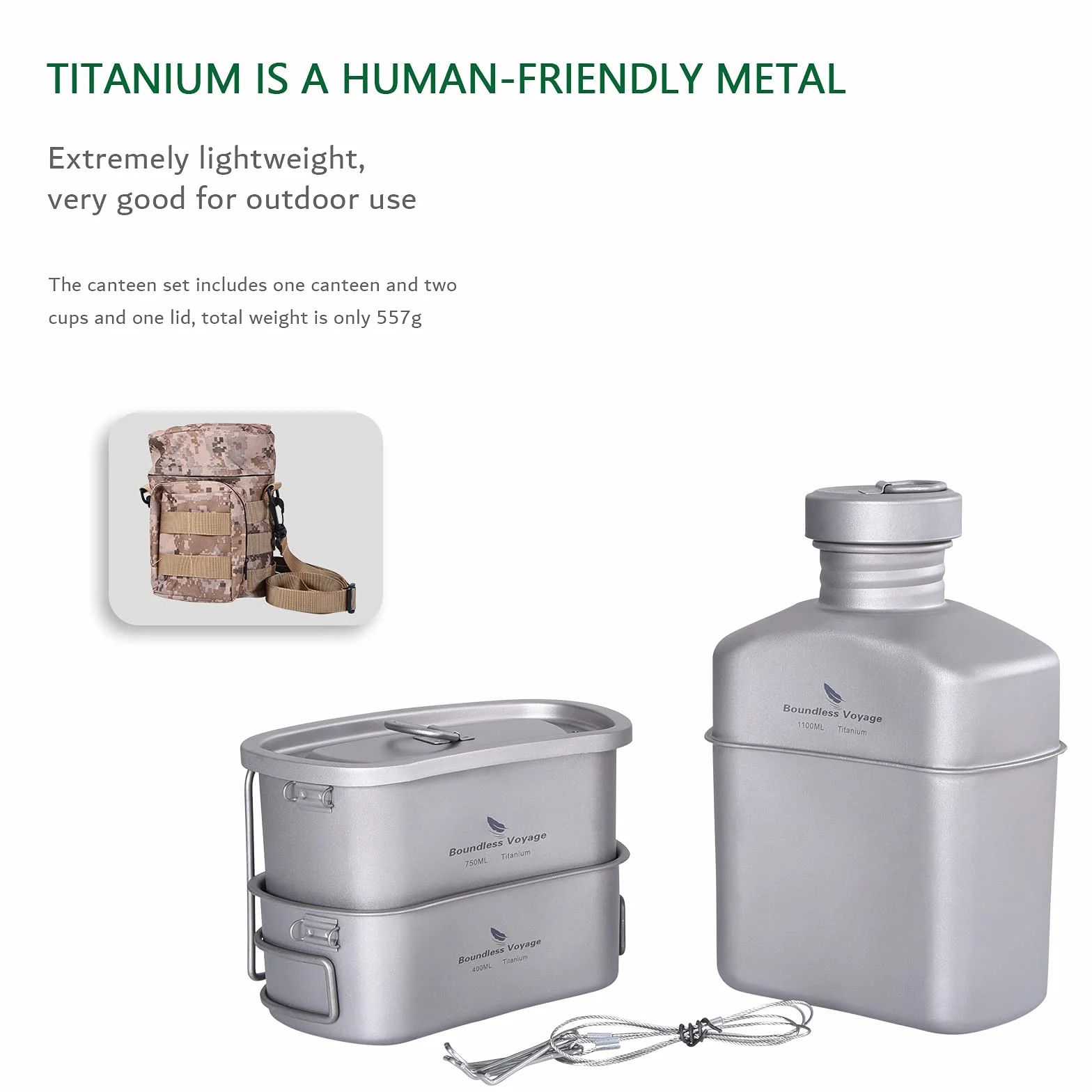 iBasingo Titan Ti2049C Wojskowa butelka na napoje kempingowe, 1100 ml, 750 ml, 400 ml, stołówka, do użytku na zewnątrz, ultralekki, zestaw naczyń kuchennych