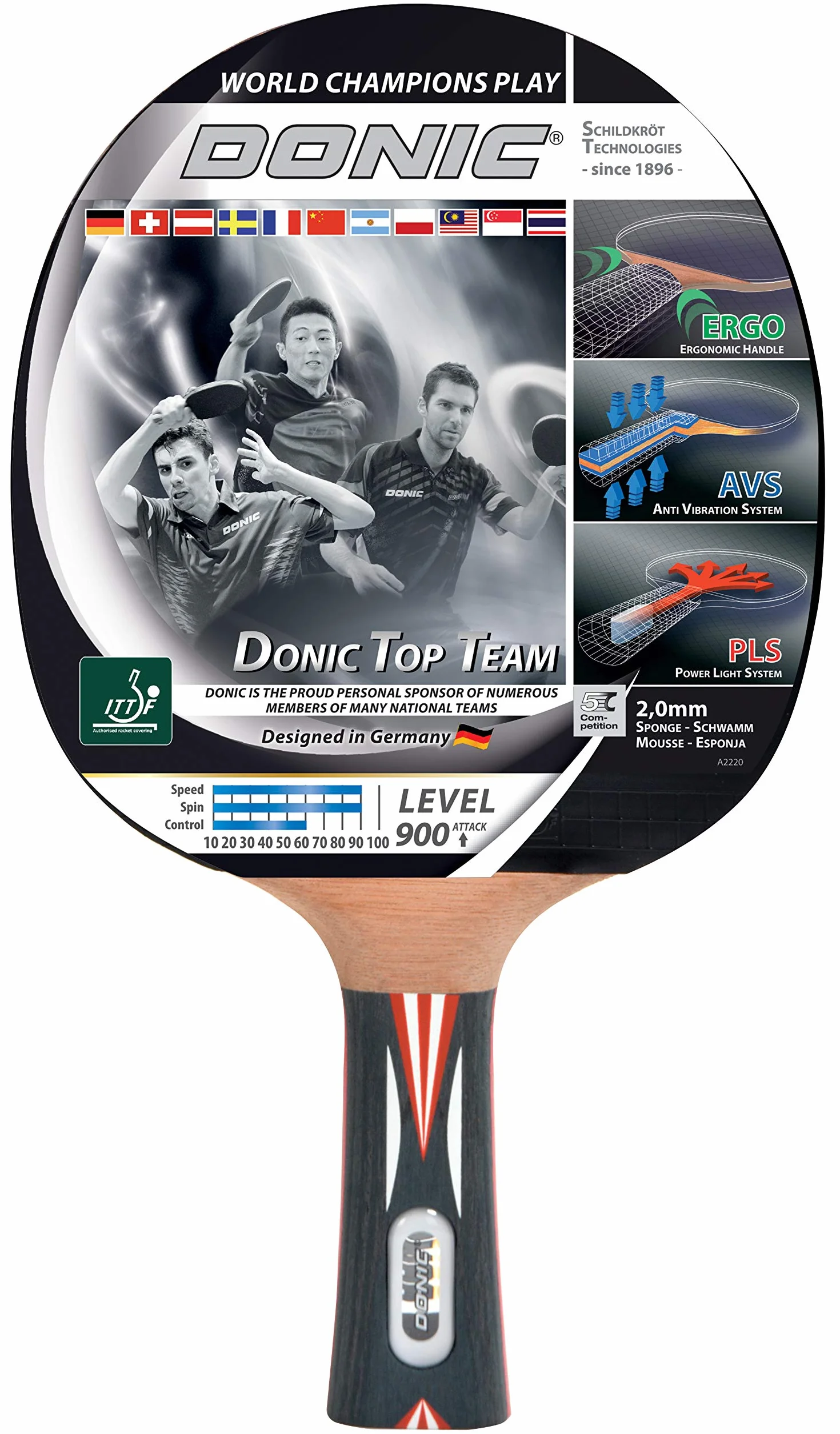 Donic-Schildkröt rakieta do tenisa stołowego Top Team 900, uchwyt AVS & PLS, gąbka 2,0 mm, Alpha Slick – ITTF Belag, 754199