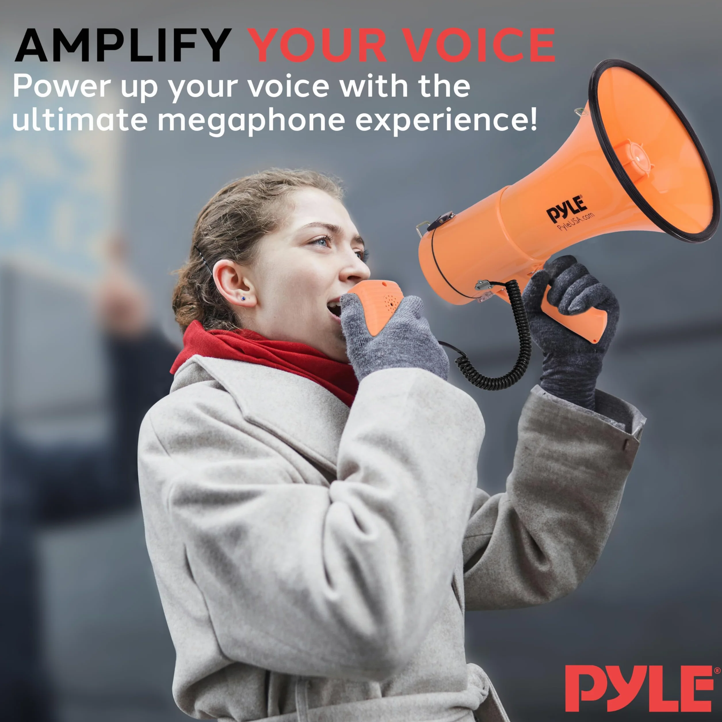 Pyle 50W Megaphone Bullhorn - Portable, Automatic Siren & Adjustable Volume,Projection Range Up to 1200 Square Yards, Aux Input, Talk, Siren, Music, Whistle, & Record, Shoulder Strap (Orange)