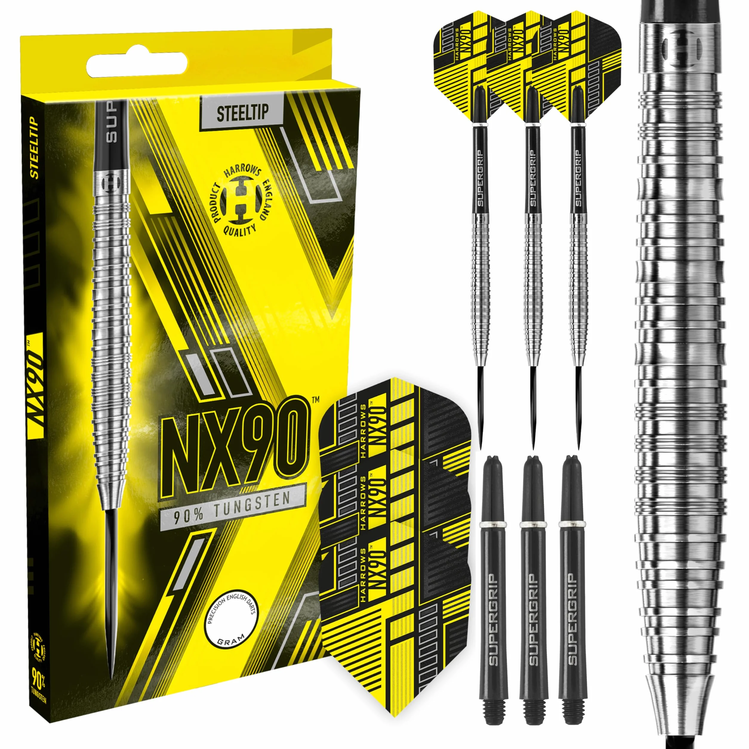 Harrows NX90 Zestaw rzutek stożkowych 90% ze stali wolframowej, zestaw rzutek z systemem szybkiej wymiany punktów (21 g) - zawiera czarne trzonki Supergrip Midi