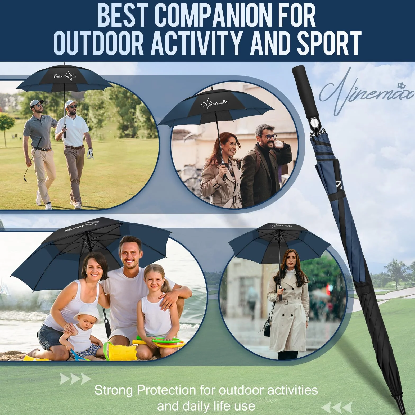 NINEMAX Wiatroodporny Parasol Golfowy 62 inch,Parasol Golfowy Długi Wiatroszczelny,Wodoszczelny,Podwójny Baldachim dla Mężczyzn i Kobiet(Czarny i Ciemnoniebieski)