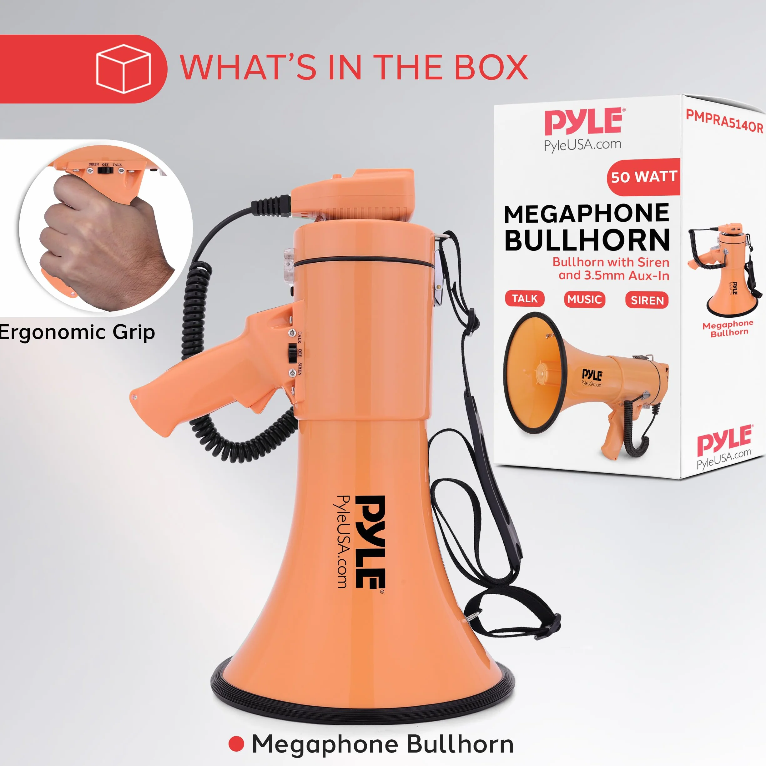 Pyle 50W Megaphone Bullhorn - Portable, Automatic Siren & Adjustable Volume,Projection Range Up to 1200 Square Yards, Aux Input, Talk, Siren, Music, Whistle, & Record, Shoulder Strap (Orange)