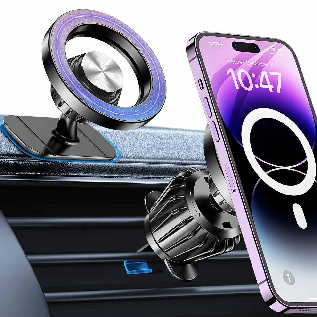 Coolpow Magsafe uchwyt samochodowy na telefon komórkowy (20 x magnes N55), uchwyt na telefon komórkowy, akcesoria do wnętrza samochodu, obracany o 360°, magnetyczny uchwyt na telefon komórkowy