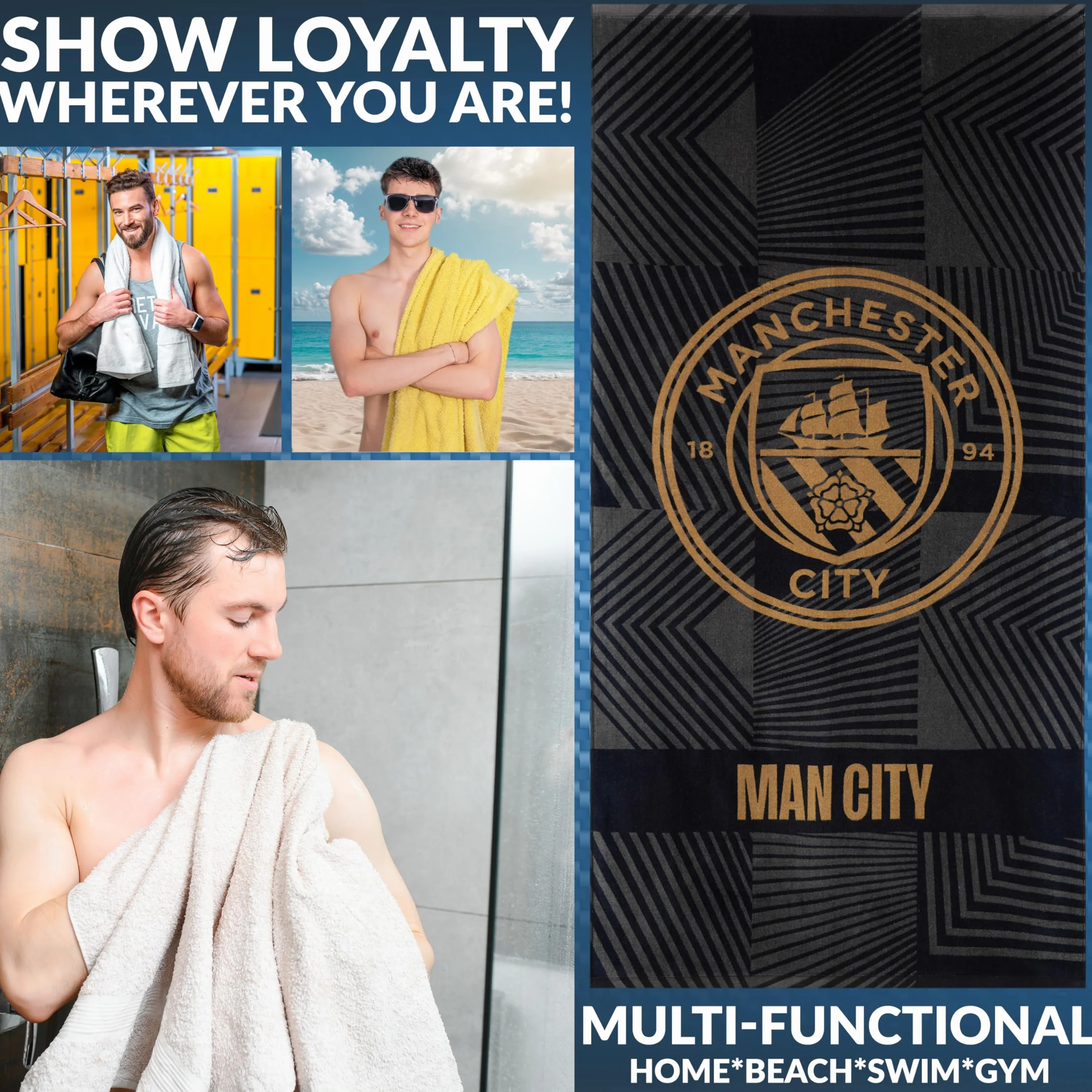 Manchester City FC ręczniki łazienkowe welurowe 140 x 70 ręcznik kąpielowy do piłki nożnej 100% bawełna (czarny)