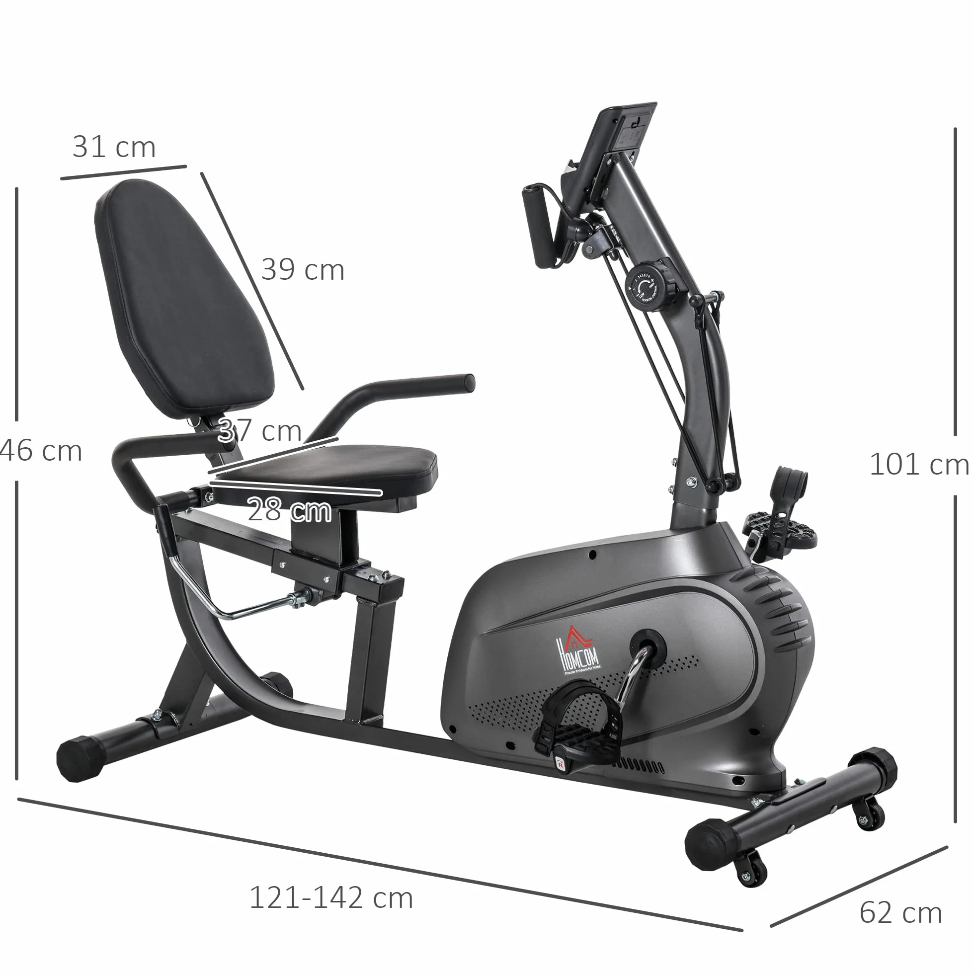 HOMCOM Rower treningowy rower półwydłużony magnetyczny wyświetlacz LCD wielofunkcyjne regulowane siodełko 2 paski opór stal czarna