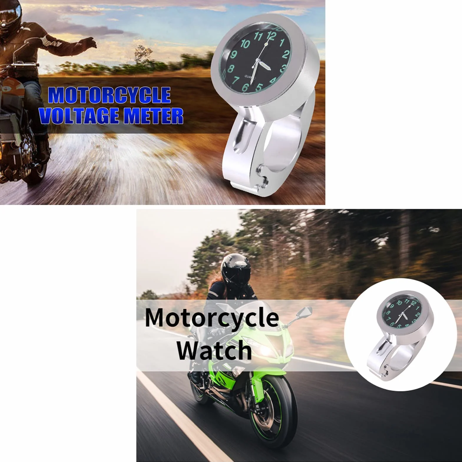 Srebrny zegarek na kierownicę, srebrny aluminiowy wodoodporny, odporny na wstrząsy zegarek motocyklowy, 1-częściowy krążownik do niestandardowego motocykla Chopper
