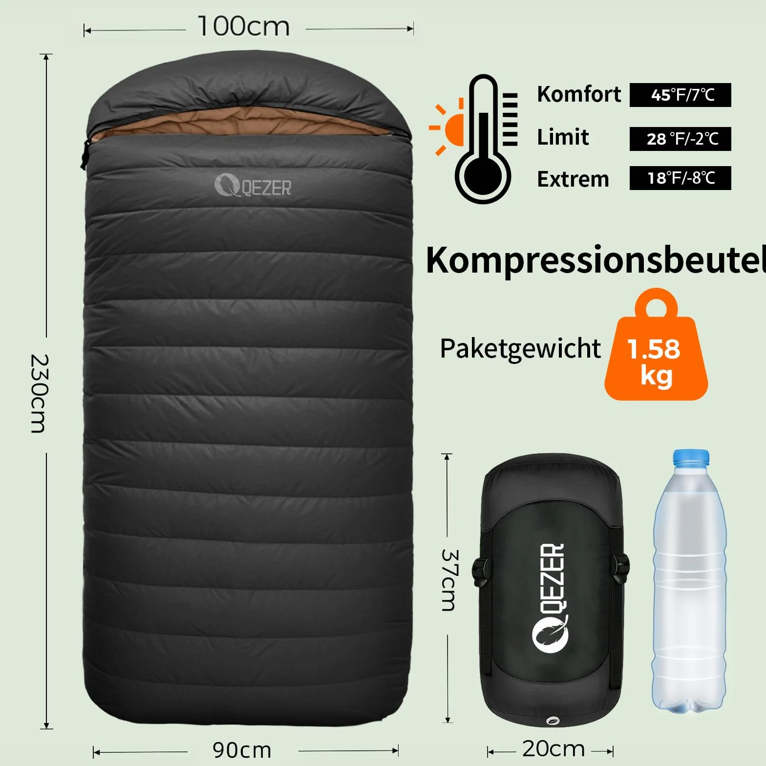Śpiwór puchowy XXL, 230 x 100 cm, bardzo duży śpiwór lekki i ciepły, na 3-4 pory roku, dla dorosłych, na zewnątrz, kemping, wędrówki i wędrówki z plecakiem